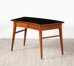 Italian 1940's Walnut Writing Desk with Black Glass Top