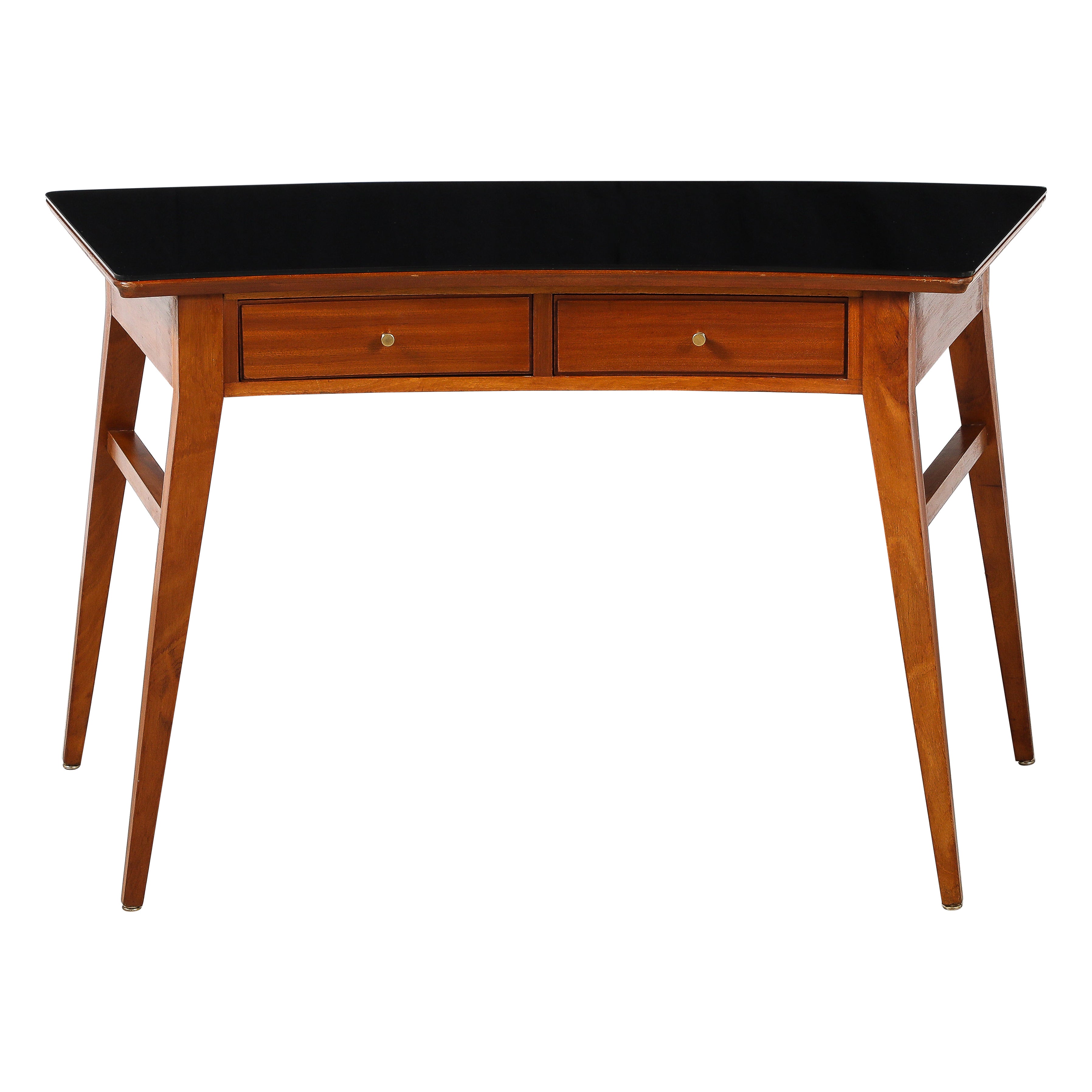 Italian 1940's Walnut Writing Desk with Black Glass Top