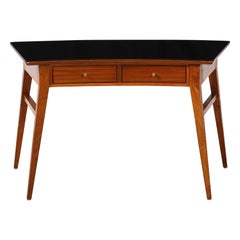 Italian 1940's Walnut Writing Desk with Black Glass Top