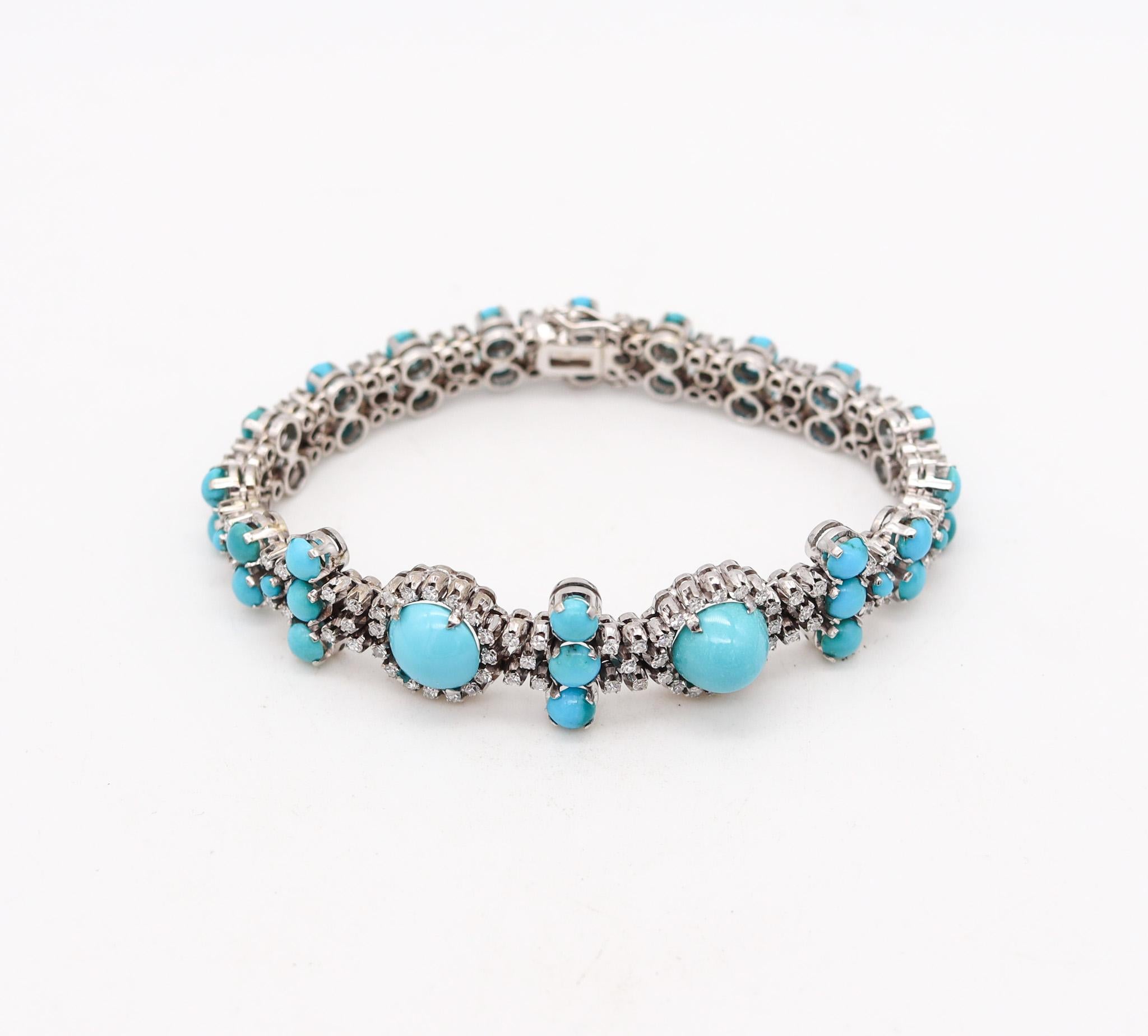 Modernist Italian 1950 Bracelet In 18Kt White Gold With 12.97 Ctw In Turquoises & Diamonds For Sale