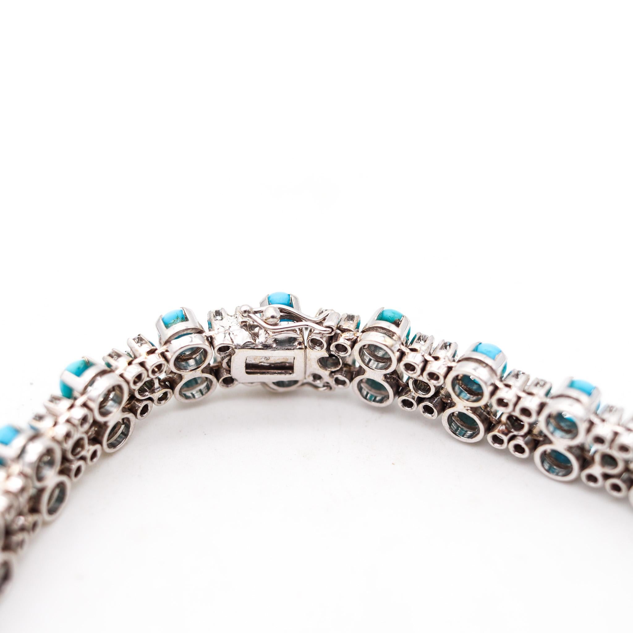 Cabochon Italian 1950 Bracelet In 18Kt White Gold With 12.97 Ctw In Turquoises & Diamonds For Sale