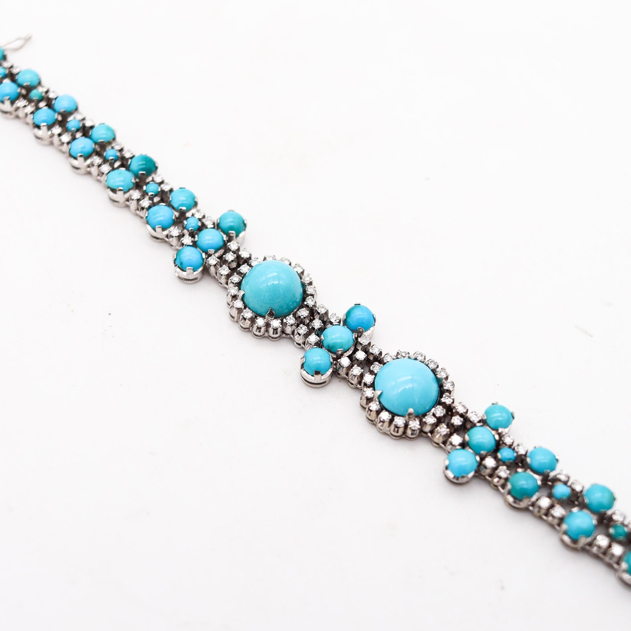 Women's Italian 1950 Bracelet In 18Kt White Gold With 12.97 Ctw In Turquoises & Diamonds For Sale