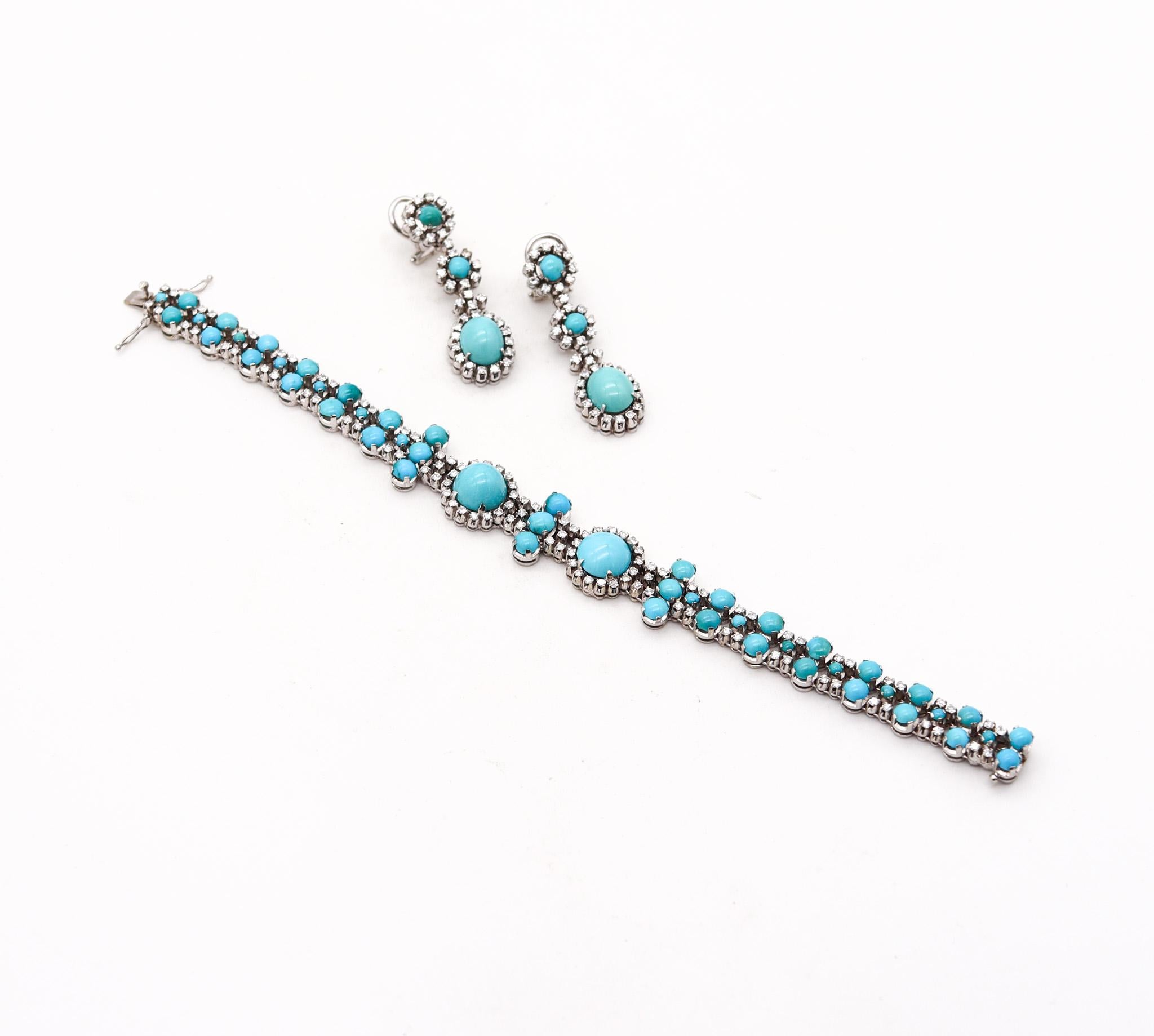 Italian 1950 Bracelet In 18Kt White Gold With 12.97 Ctw In Turquoises & Diamonds For Sale 1