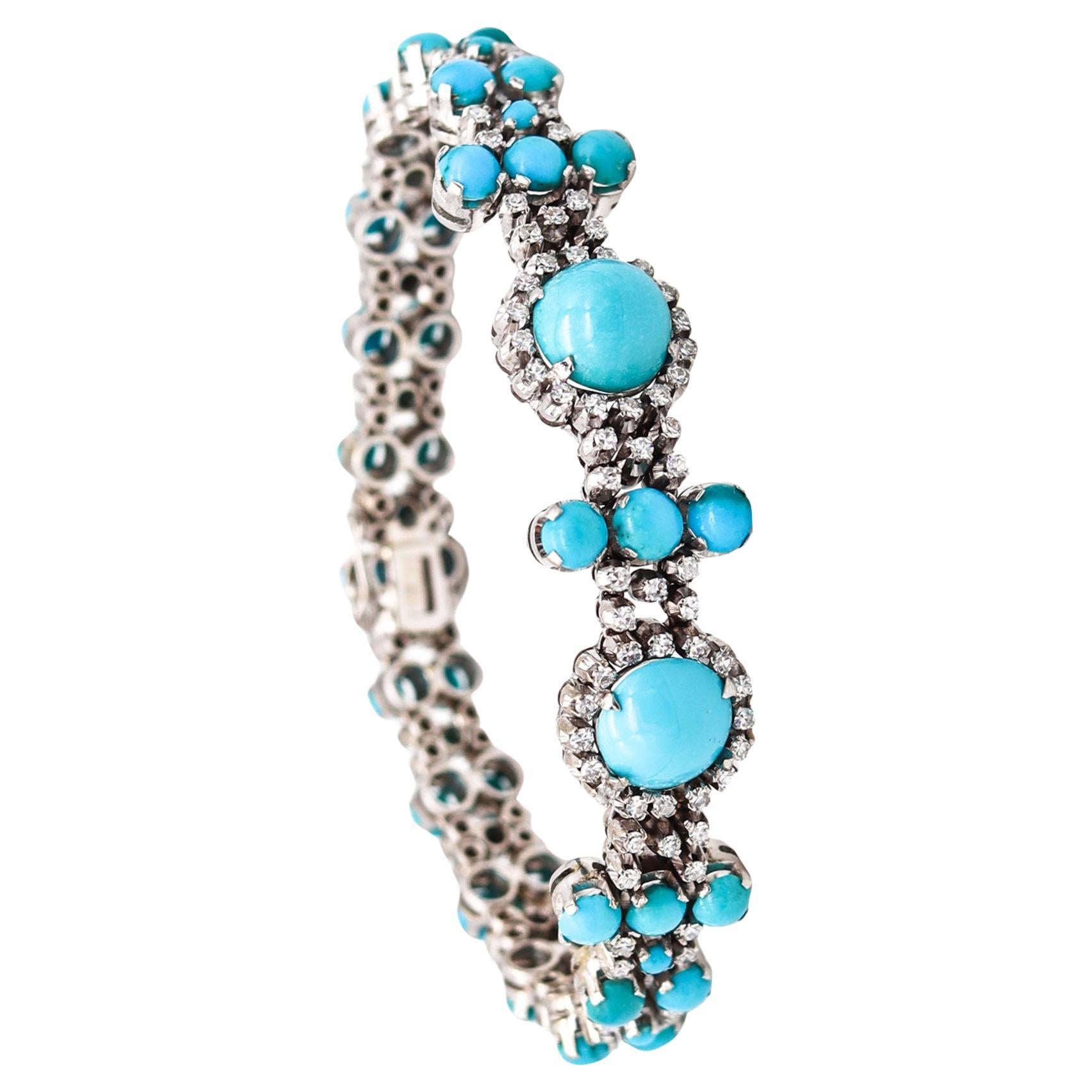 Bracelet italien de 1950 en or blanc 18 carats avec 12,97 carats de turquoises et diamants