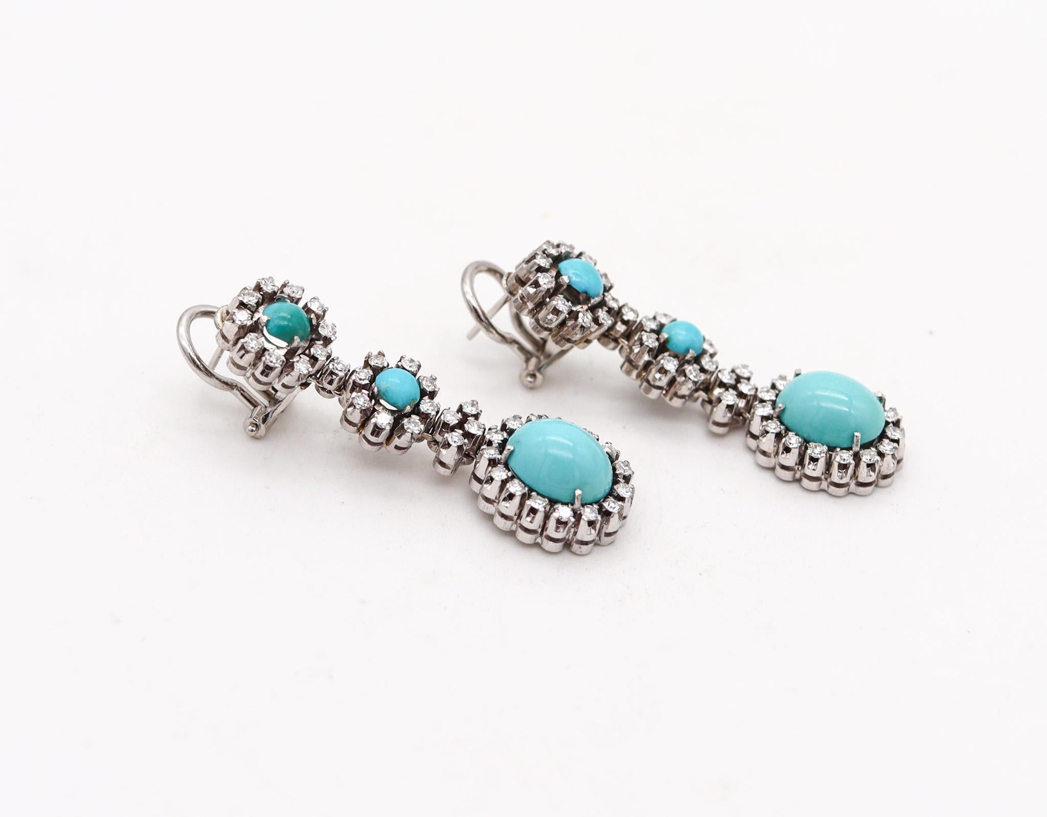 Modernist Italian 1950 Earrings In 18Kt White Gold With 7.22 Ctw In Turquoises And Diamond For Sale