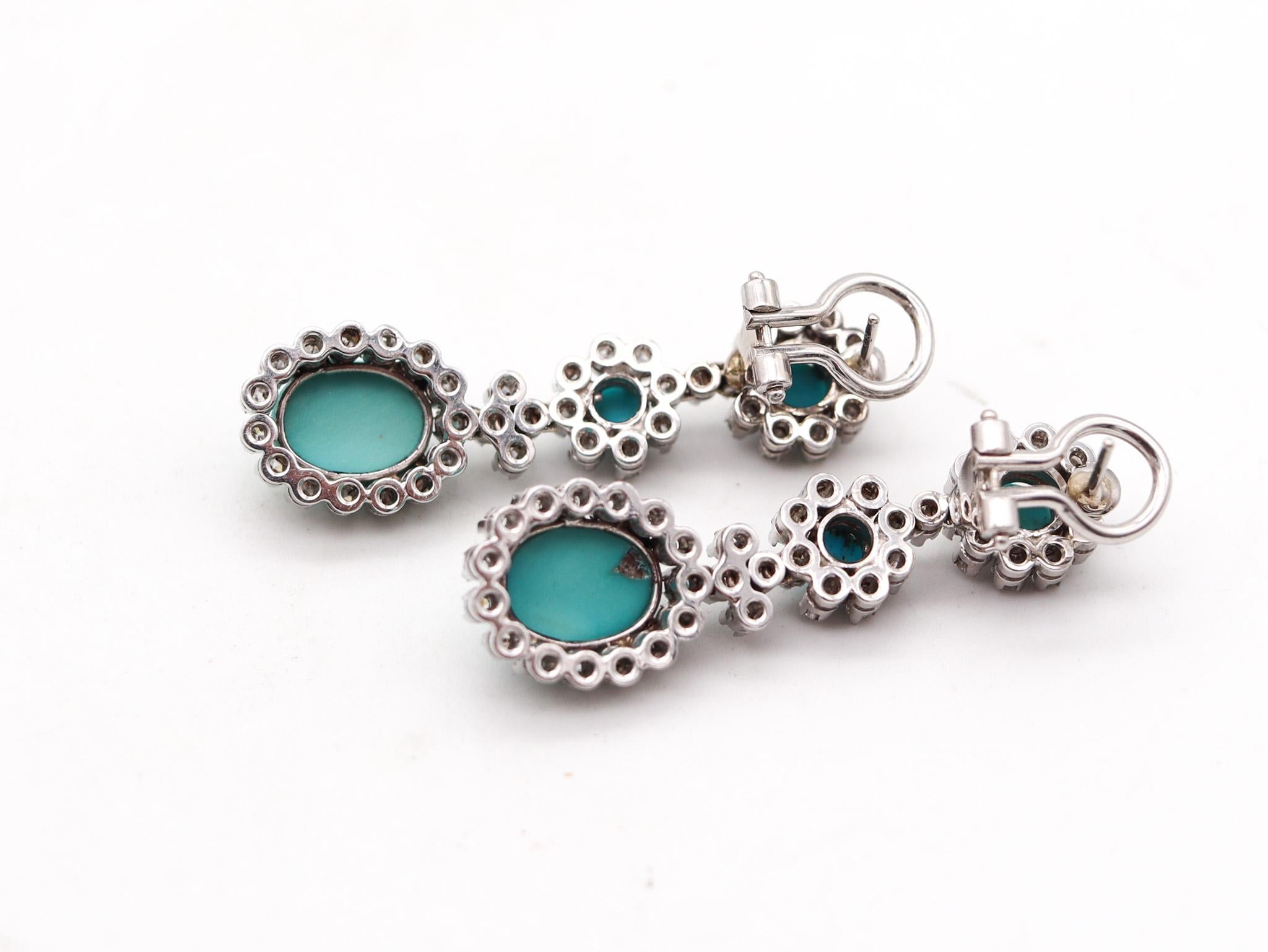Cabochon Italian 1950 Earrings In 18Kt White Gold With 7.22 Ctw In Turquoises And Diamond For Sale
