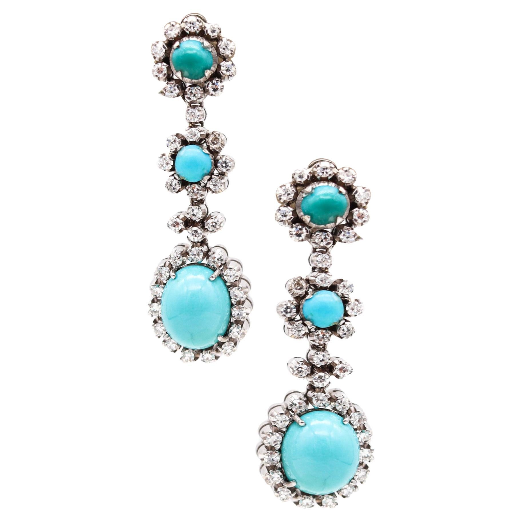 Italian 1950 Earrings In 18Kt White Gold With 7.22 Ctw In Turquoises And Diamond For Sale