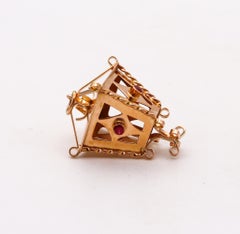 Italian 1950 Lamp Charm for Bracelet in 14 Karat Yellow Gold with Red Garnets