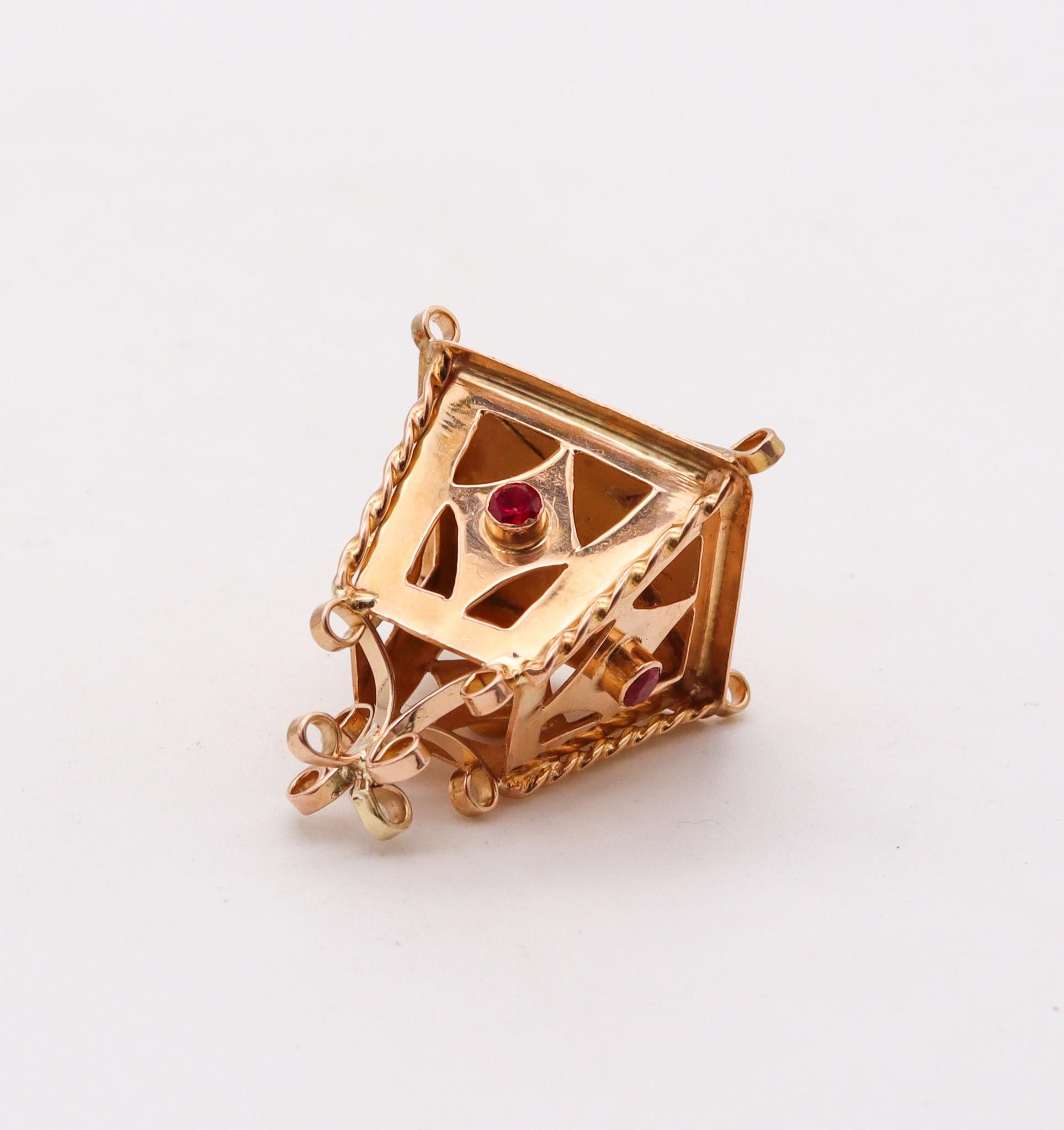 Brilliant Cut Italian 1950 Lamp Charm for Bracelet in 14 Karat Yellow Gold with Red Garnets For Sale