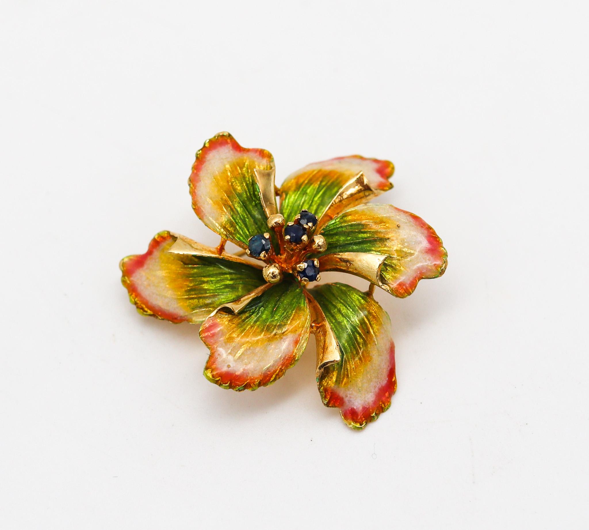 Colorful flower brooch.

Very colorful brooch, created in the city of Alessandria Italy during the mid century period, back in the 1950. This piece has been carefully crafted in the shape of a flower in solid yellow gold of 18 karats with textured