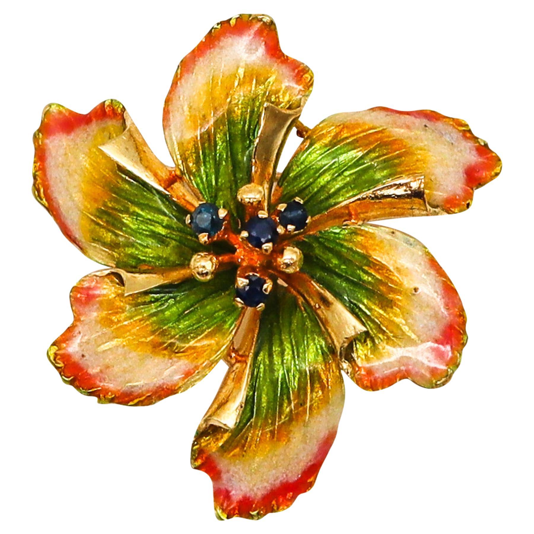 Italian 1950 Midcentury Enameled Flower Brooch in 18 Karat Gold with Sapphires For Sale