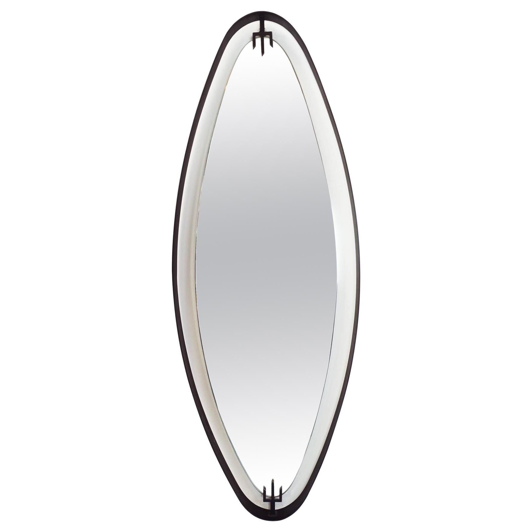 Italian 1950 Suspended Oval Wall Mirror with Black Metal Ribbon Clip-On Arrow