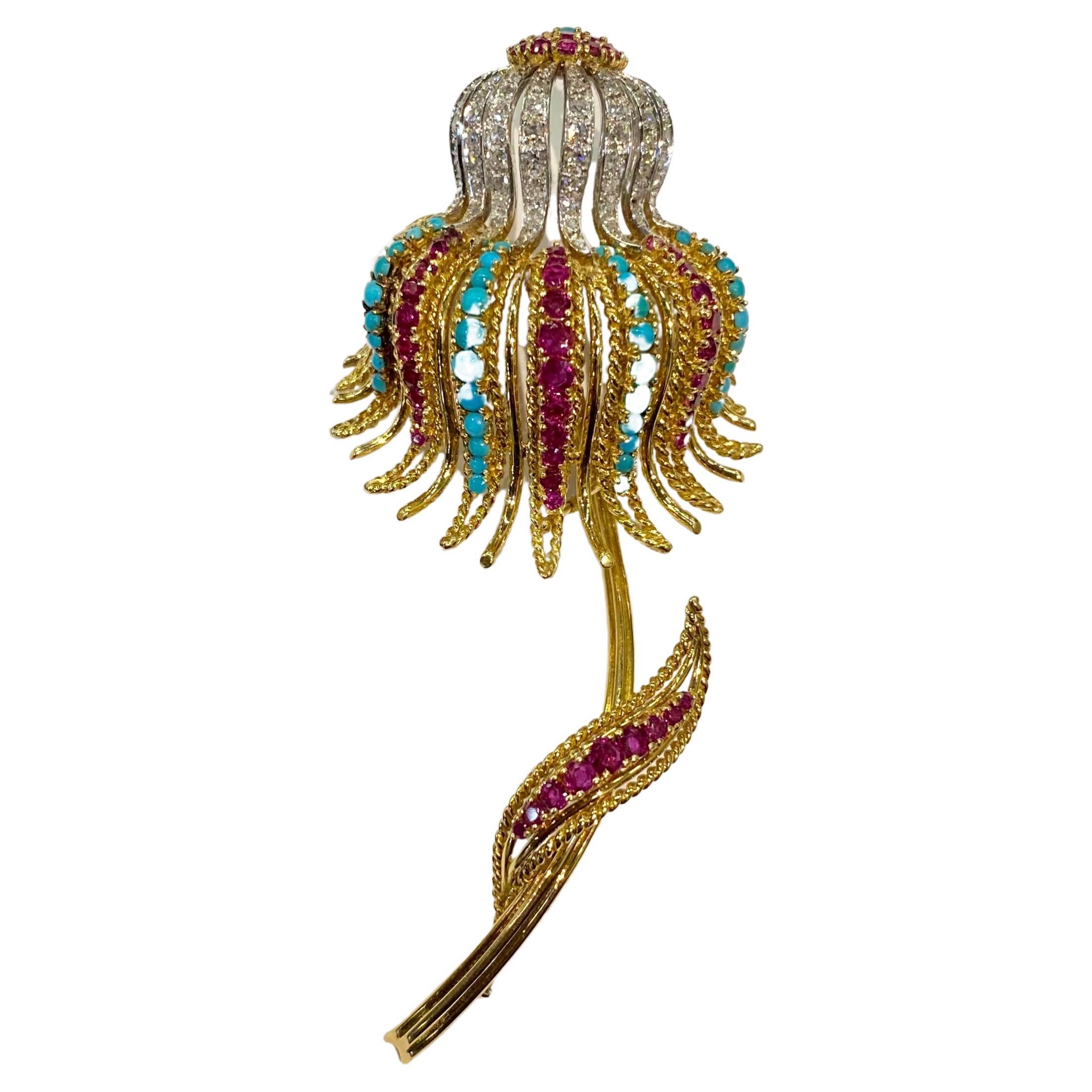 Brooch 1950s Flower 18 Karat Yellow Gold and Diamonds  Turqouise and Rubies For Sale