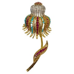 Retro Brooch 1950s Flower 18 Karat Yellow Gold and Diamonds  Turqouise and Rubies