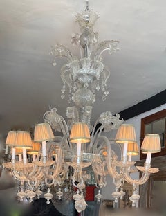 Italian 1950s 12 Arm Murano Transparent Glass Chandelier with Pleated Shades