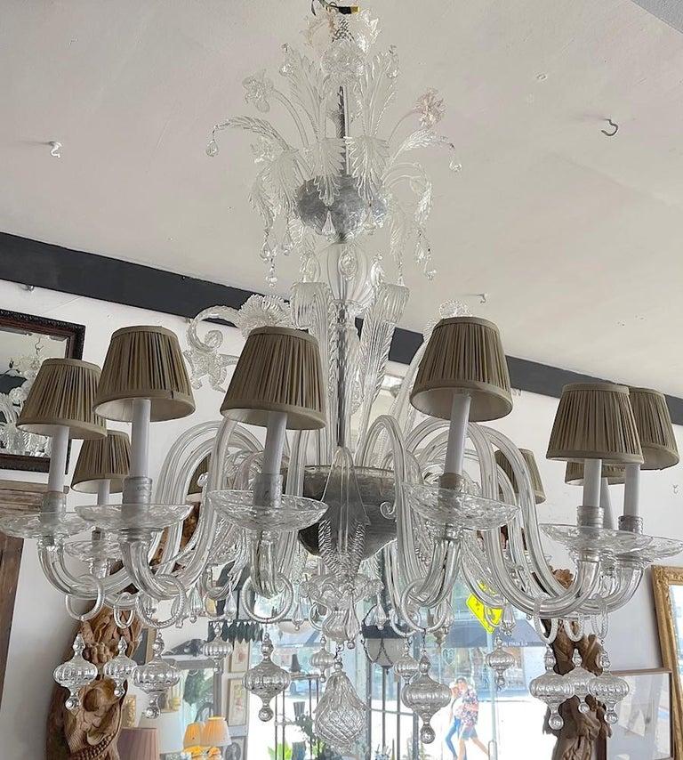 Crystal Italian 1950s 12 Arm Murano Transparent Glass Chandelier with Pleated Shades For Sale
