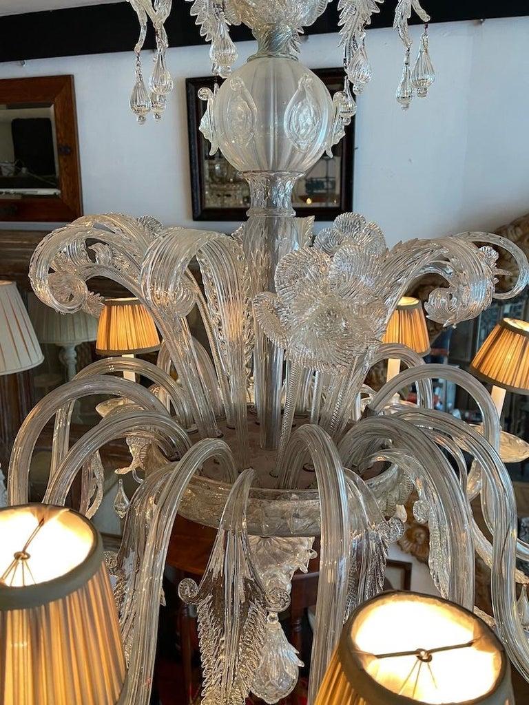 Italian 1950s 12 Arm Murano Transparent Glass Chandelier with Pleated Shades For Sale 1