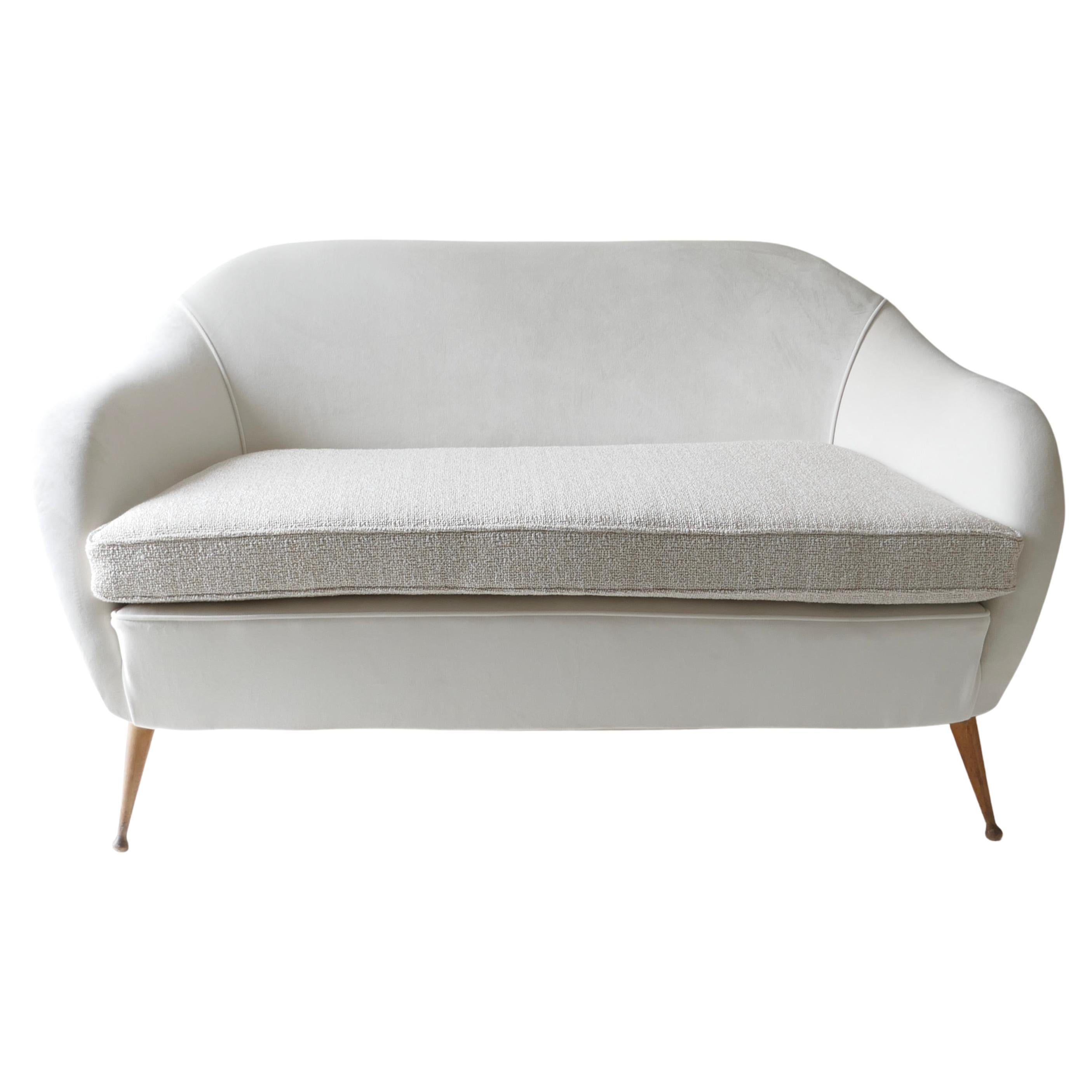 Italian 1950's 2 Seater Sofa, Reupholstered in White Velvet with Boucle Seat For Sale