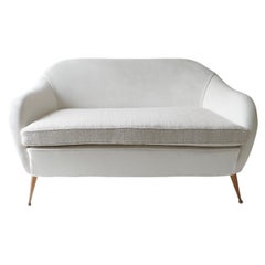 Italian 1950's 2 Seater Sofa, Reupholstered in White Velvet with Boucle Seat
