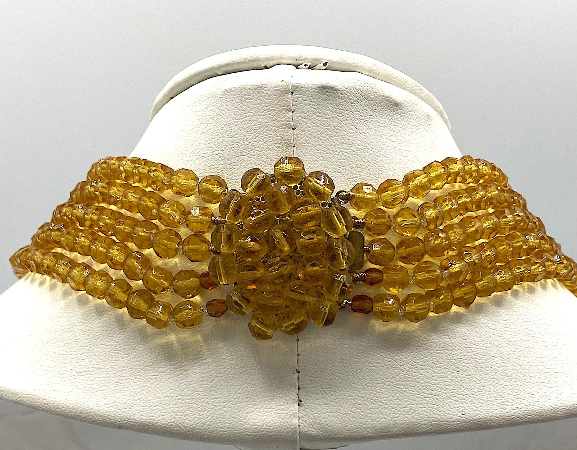 Italian 1950s Amber Gold Color Graduated Crystal Bib Necklace For Sale 1