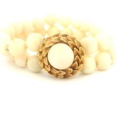 Italian 1950s Angel Skin Coral Double-Strand Bracelet with 14K Gold Coral Caboch