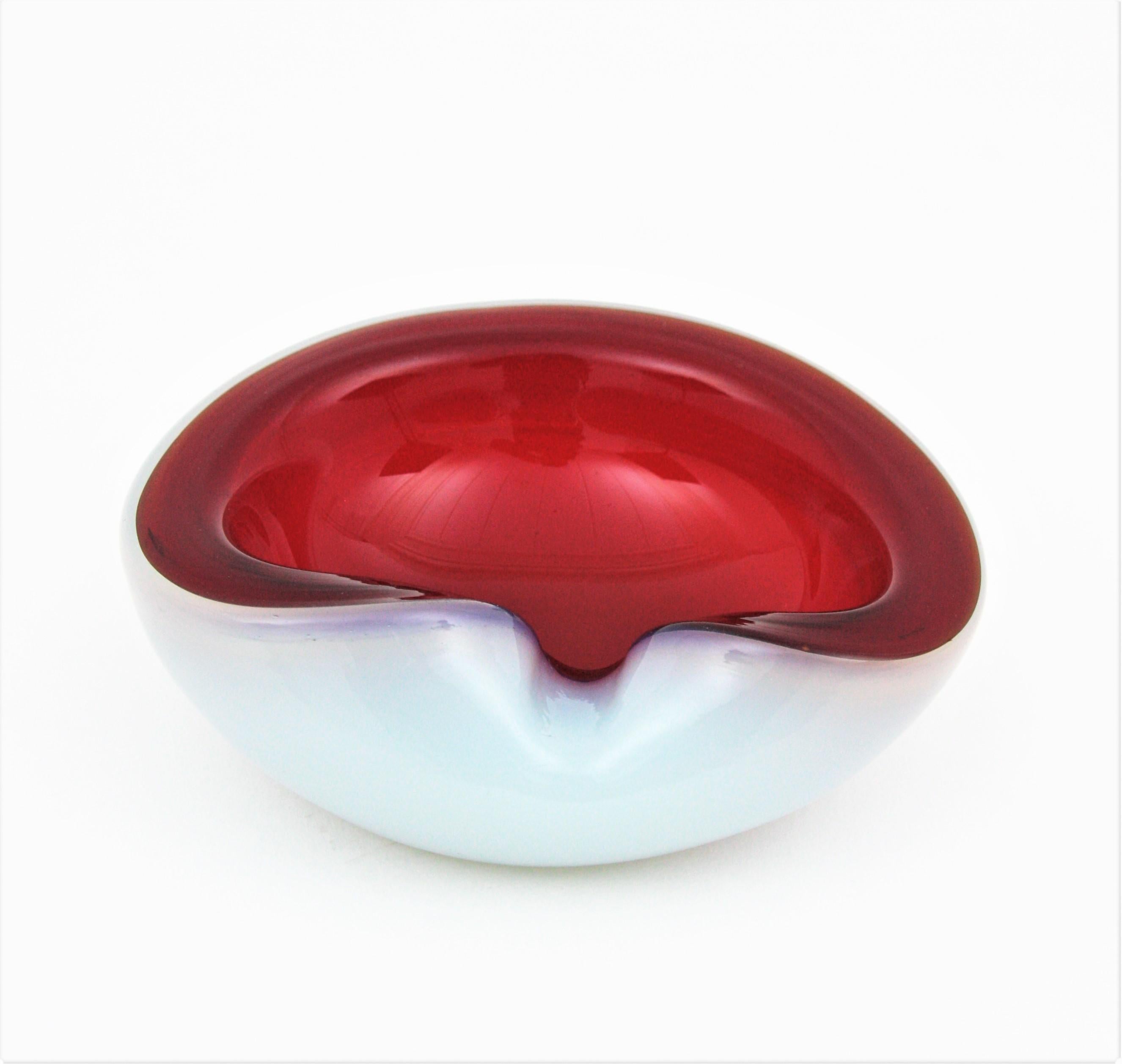 Sommerso Italian 1950s Archimede Seguso Opal White and Red Alabastro Geode Glass Bowl
