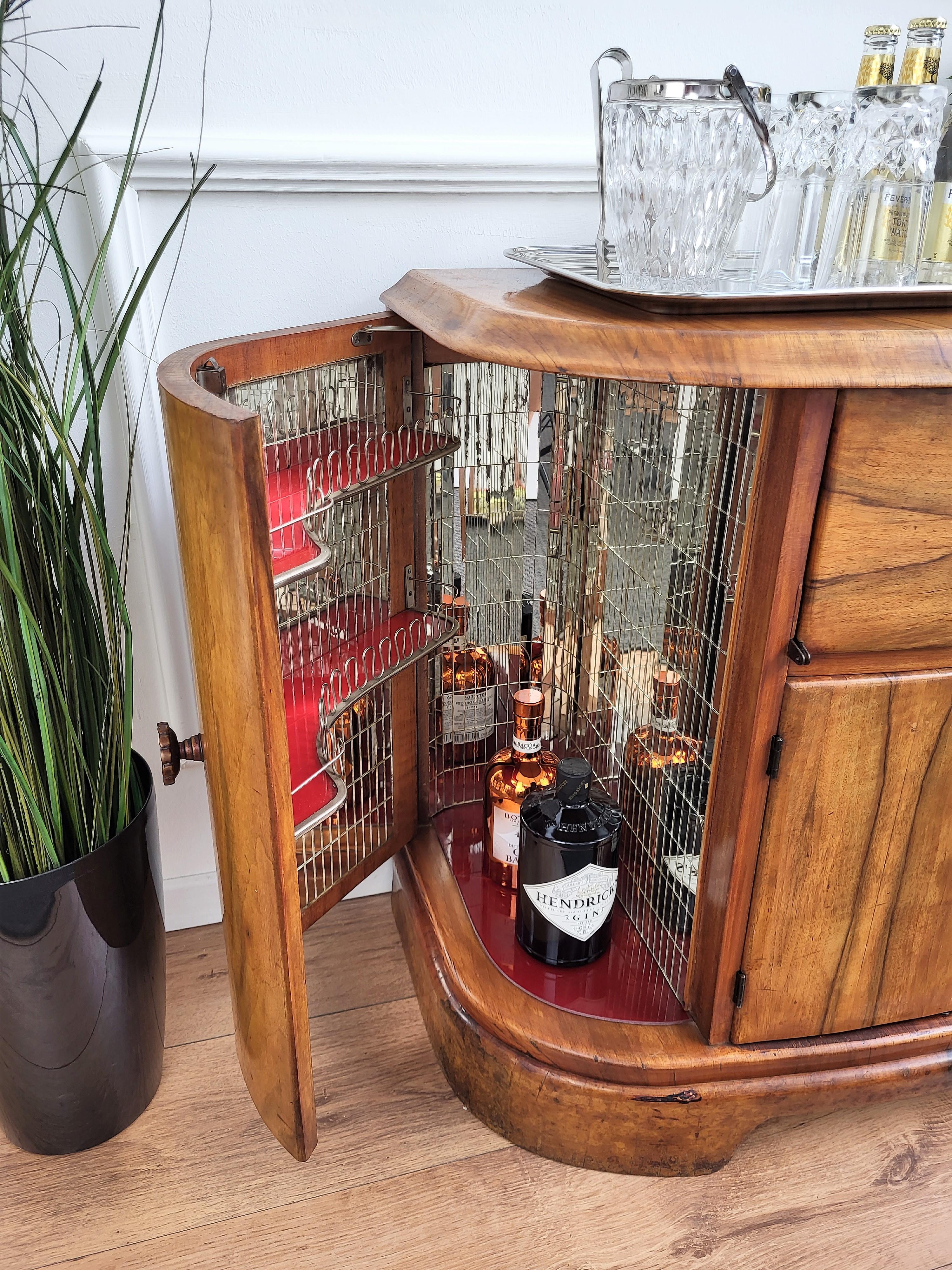 Italian 1950s Art Deco Mid-Century Walnut Wood and Mirror Mosaic Dry Bar Cabinet 2