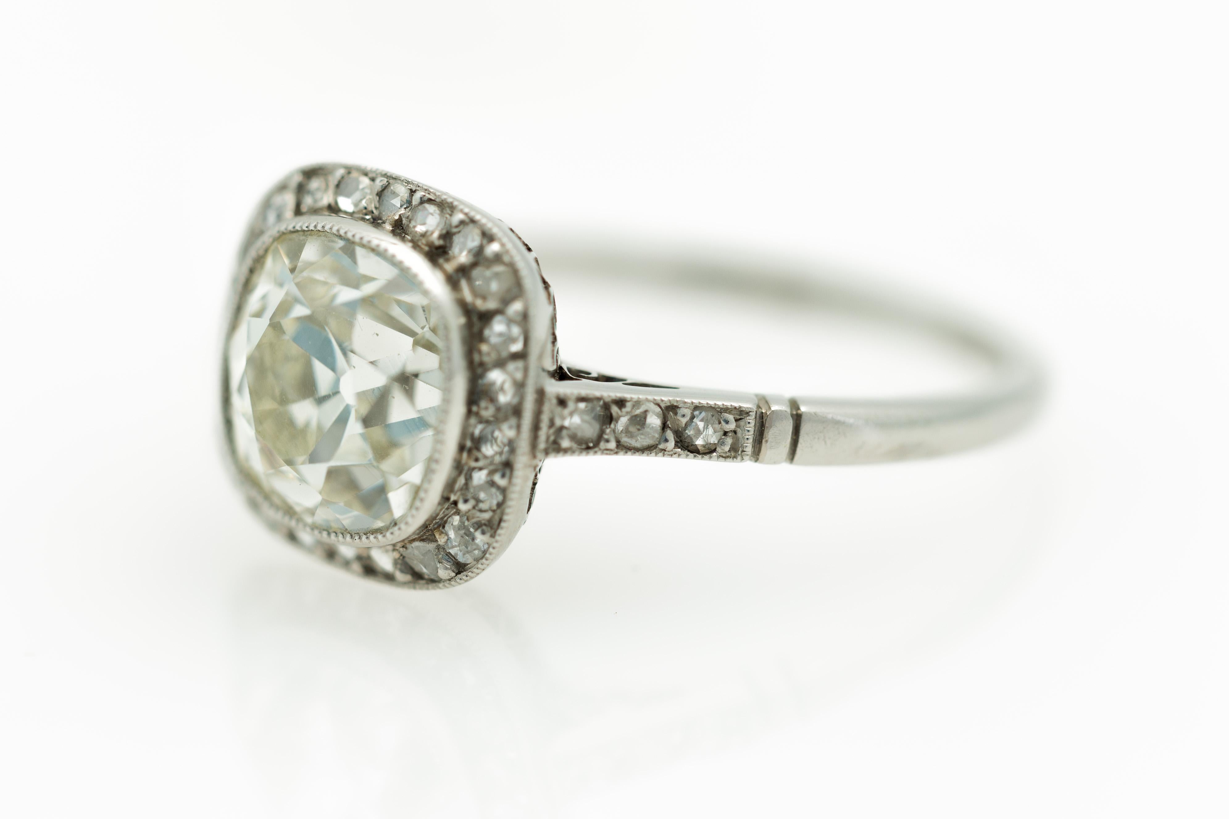 Italian 1950s Art Deco Revival 2.64 Carat Cushion Cut Diamond Ring in Platinum 9