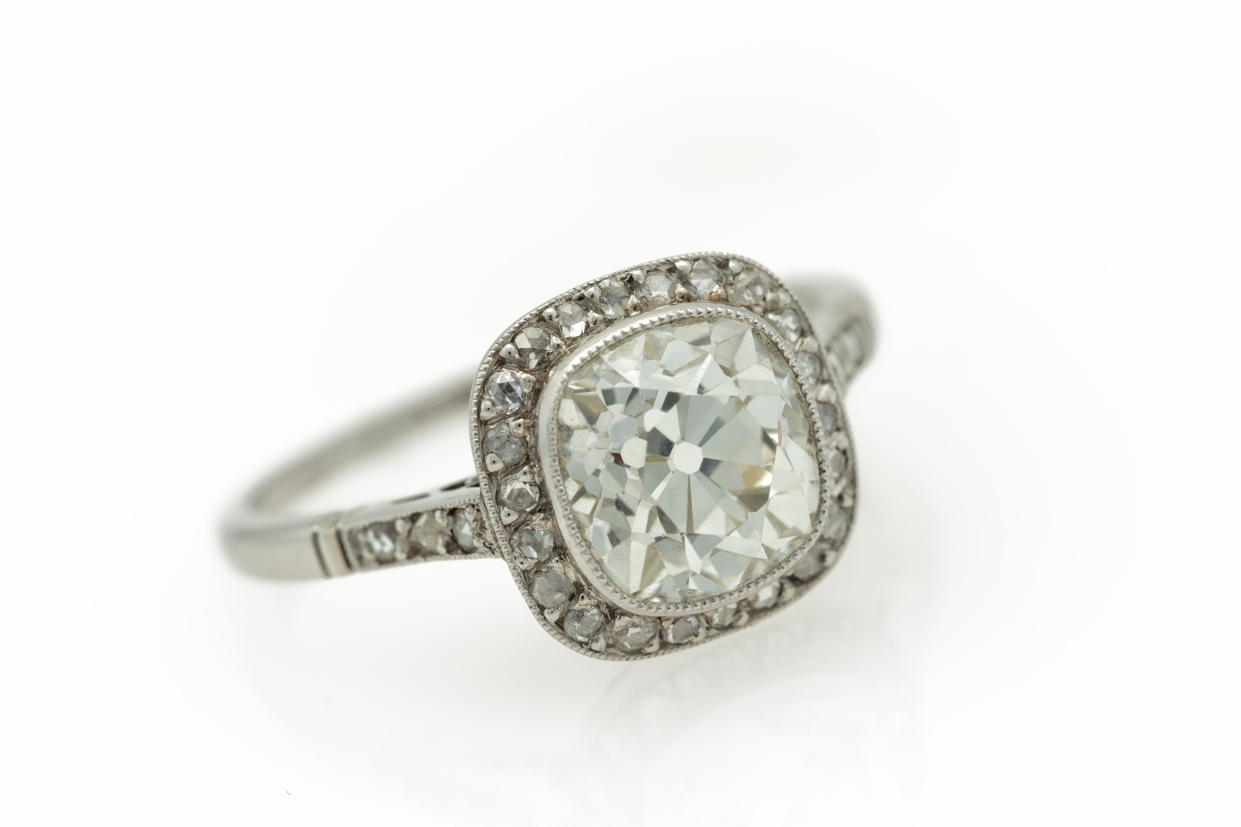 Women's Italian 1950s Art Deco Revival 2.64 Carat Cushion Cut Diamond Ring in Platinum