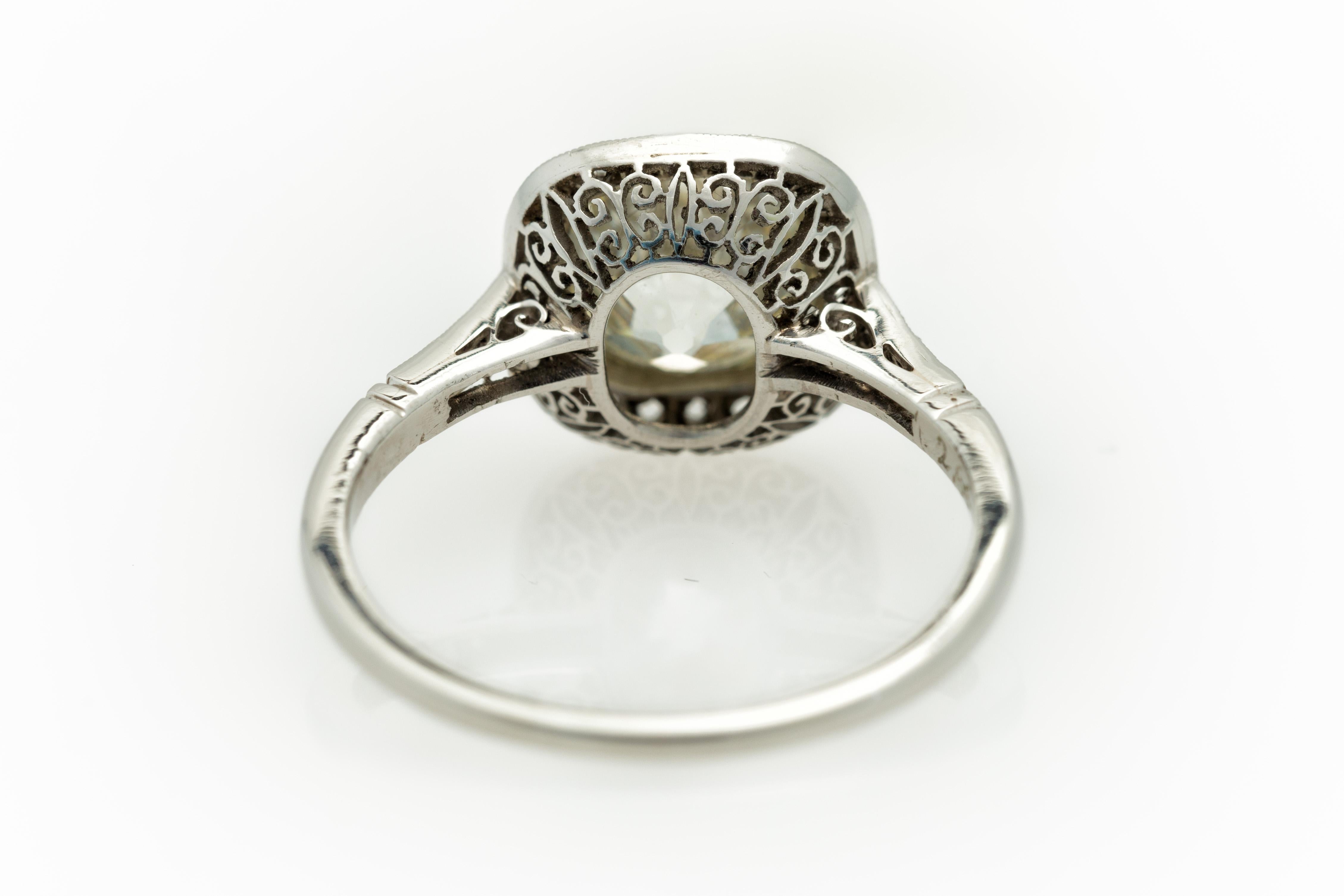 Italian 1950s Art Deco Revival 2.64 Carat Cushion Cut Diamond Ring in Platinum 5