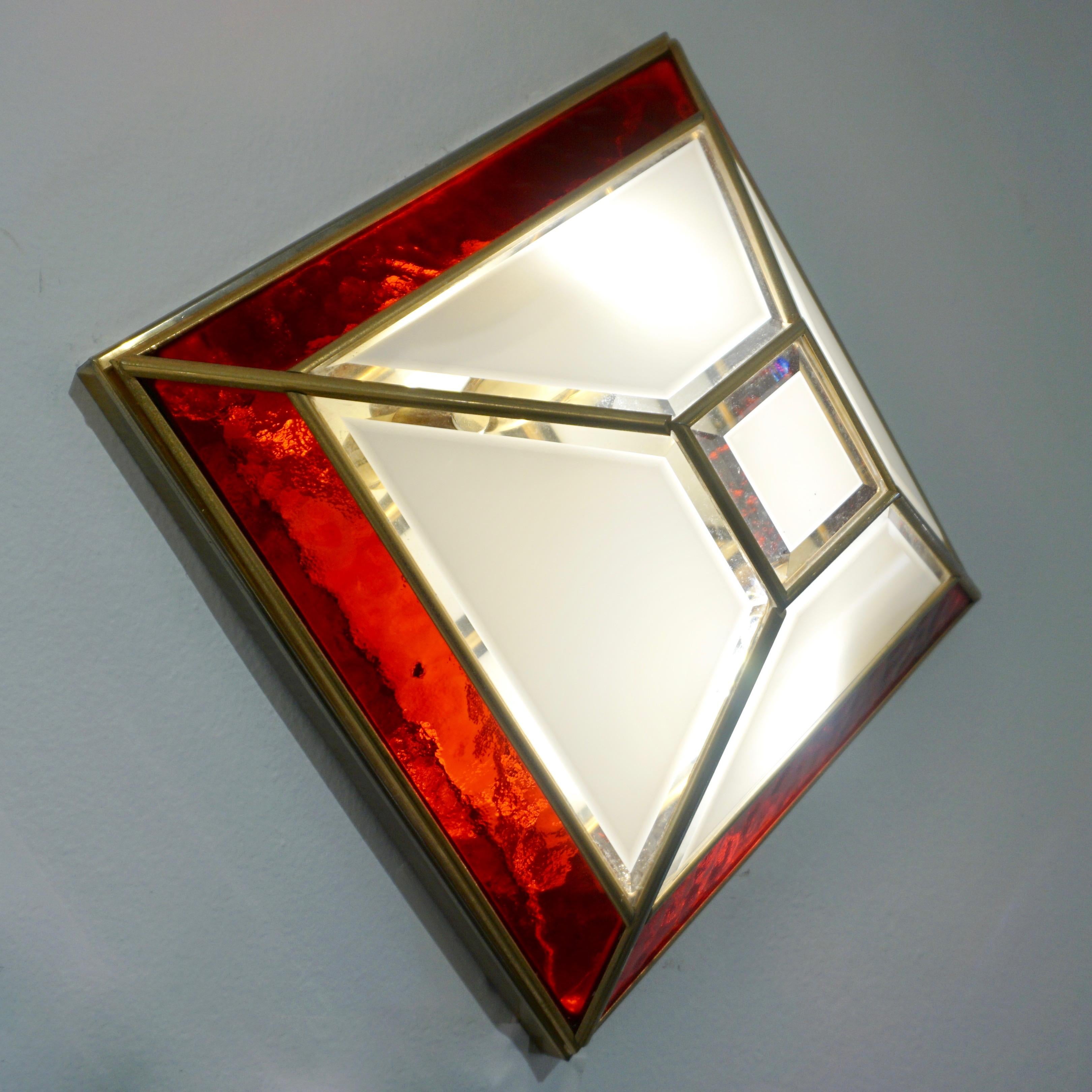 Italian 1950s Art Deco Style Pair of Red White Frosted Glass Sconces/Flushmounts 3