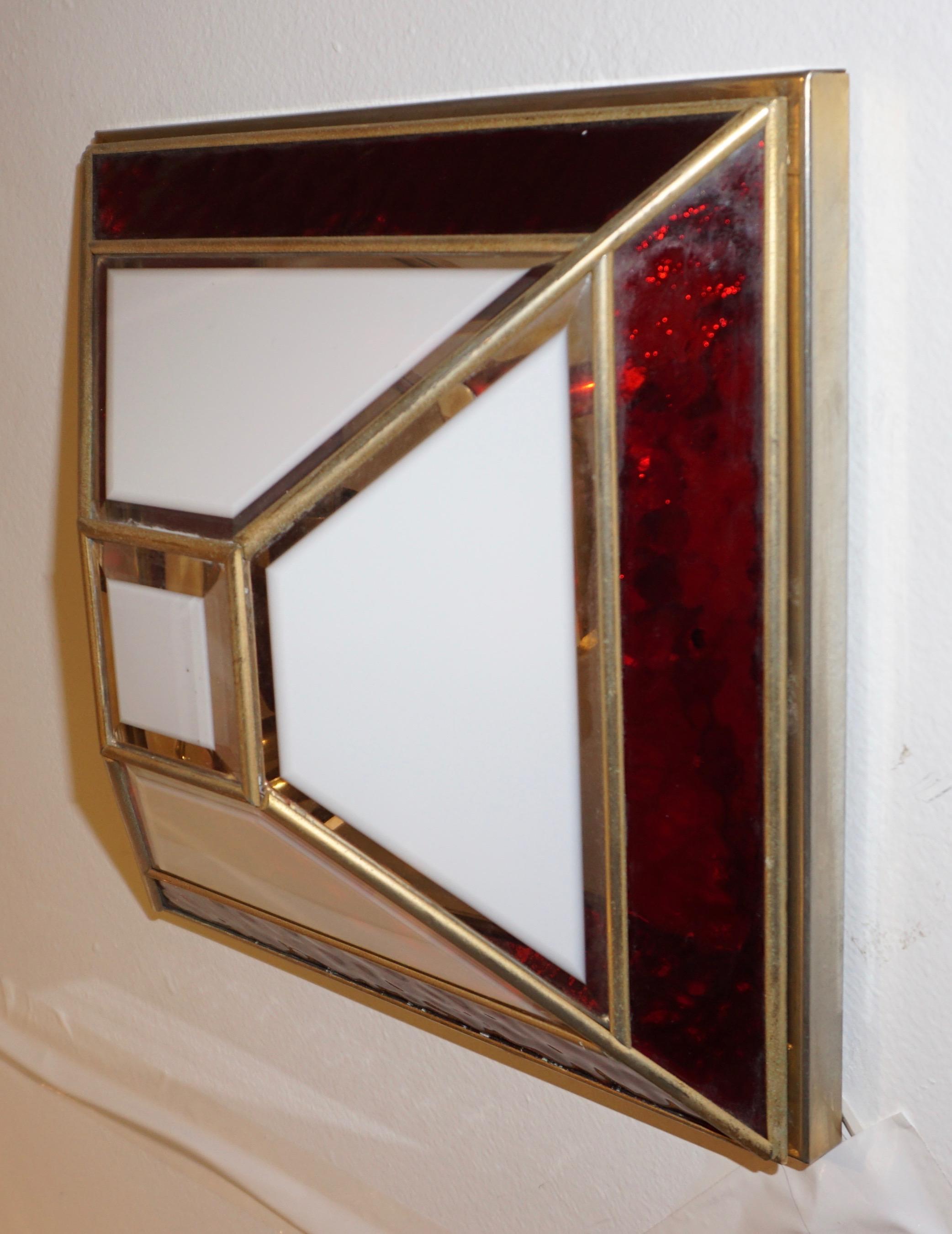 Italian 1950s Art Deco Style Pair of Red White Frosted Glass Sconces/Flushmounts 4