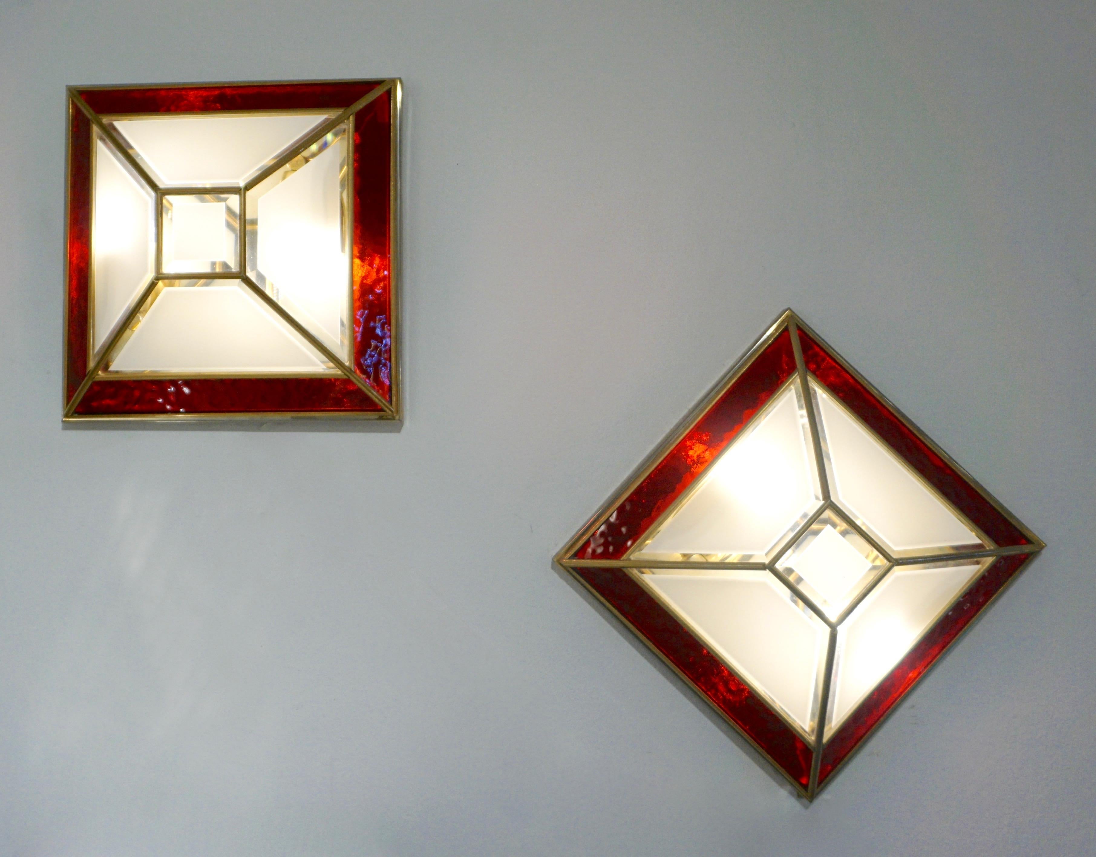 Italian 1950s Art Deco Style Pair of Red White Frosted Glass Sconces/Flushmounts 10