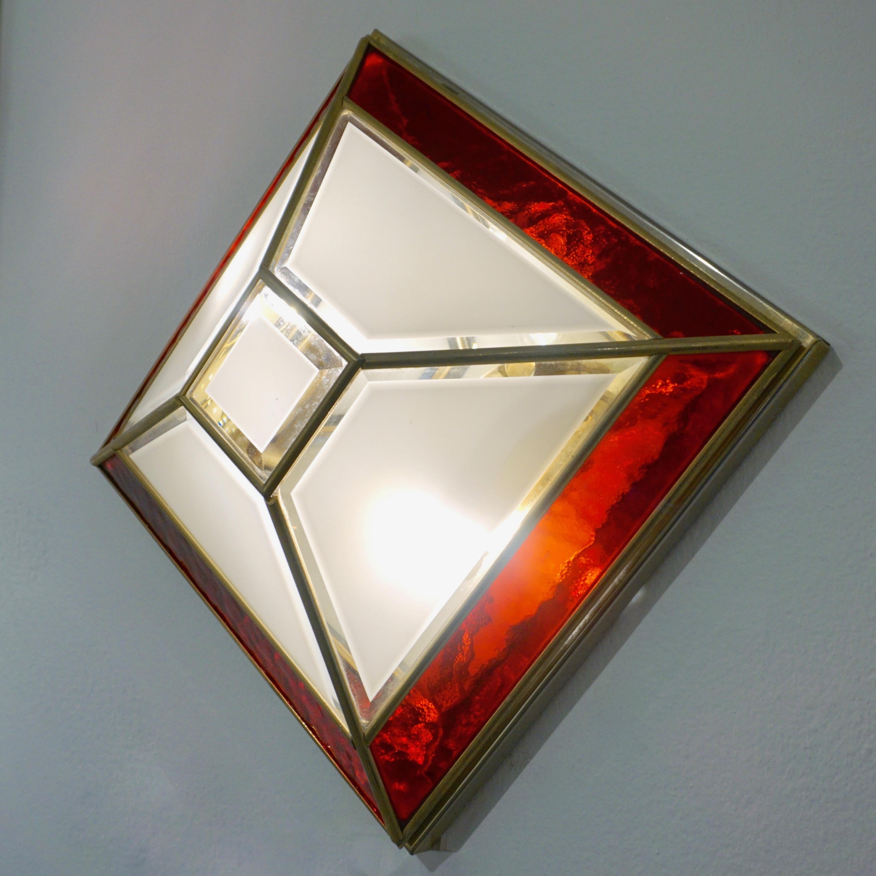 Italian 1950s Art Deco Style Pair of Red White Frosted Glass Sconces/Flushmounts 11