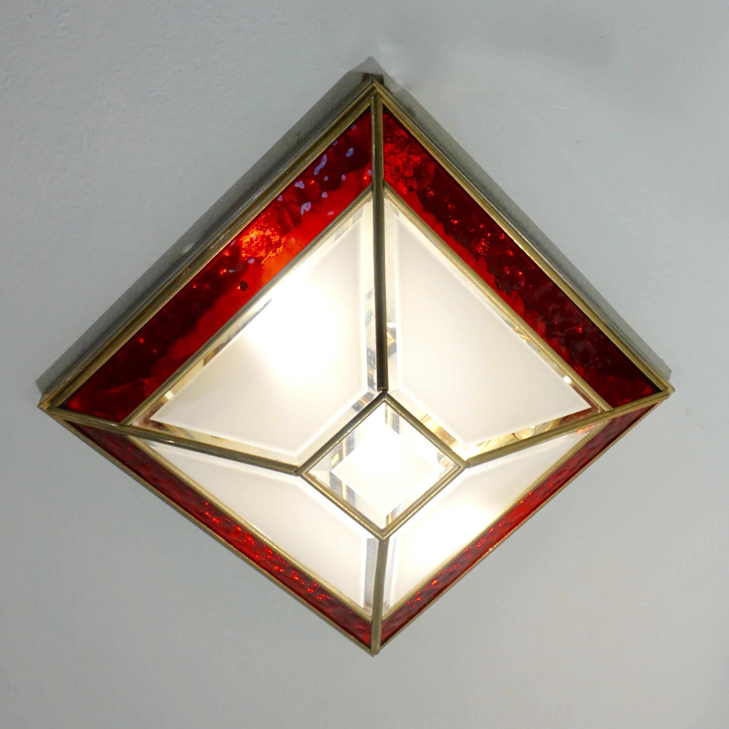 Italian 1950s Art Deco Style Pair of Red White Frosted Glass Sconces/Flushmounts 12