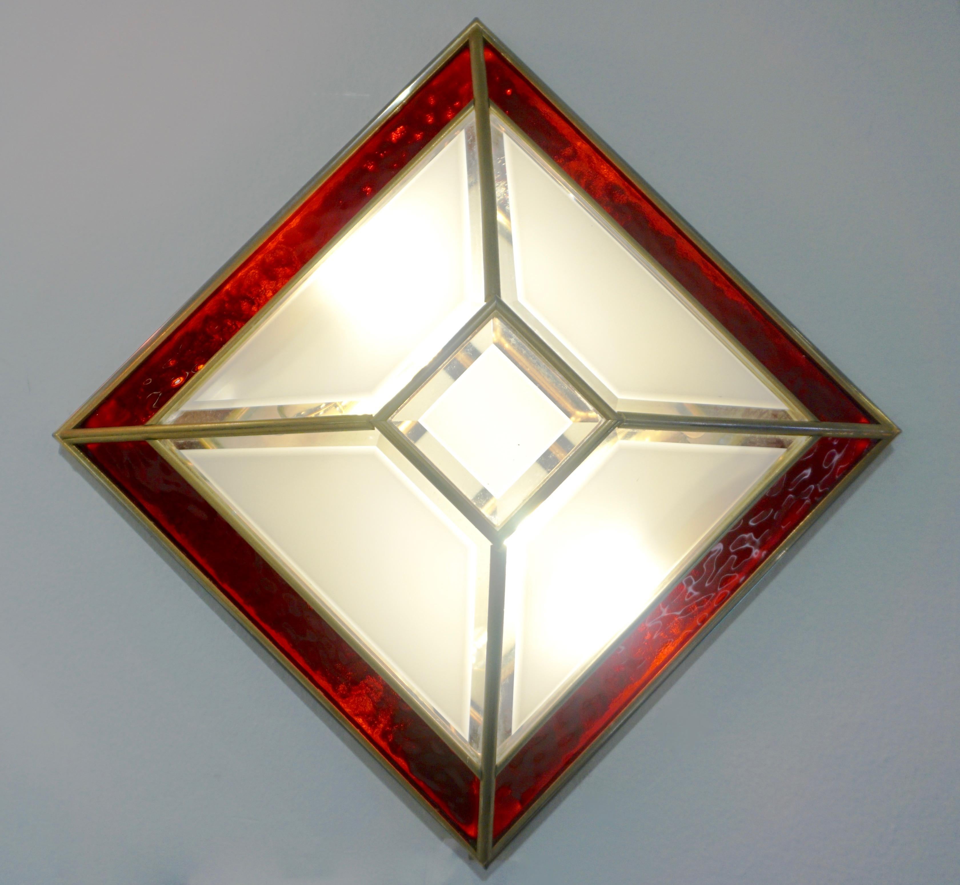 Mid-Century Modern Italian 1950s Art Deco Style Pair of Red White Frosted Glass Sconces/Flushmounts