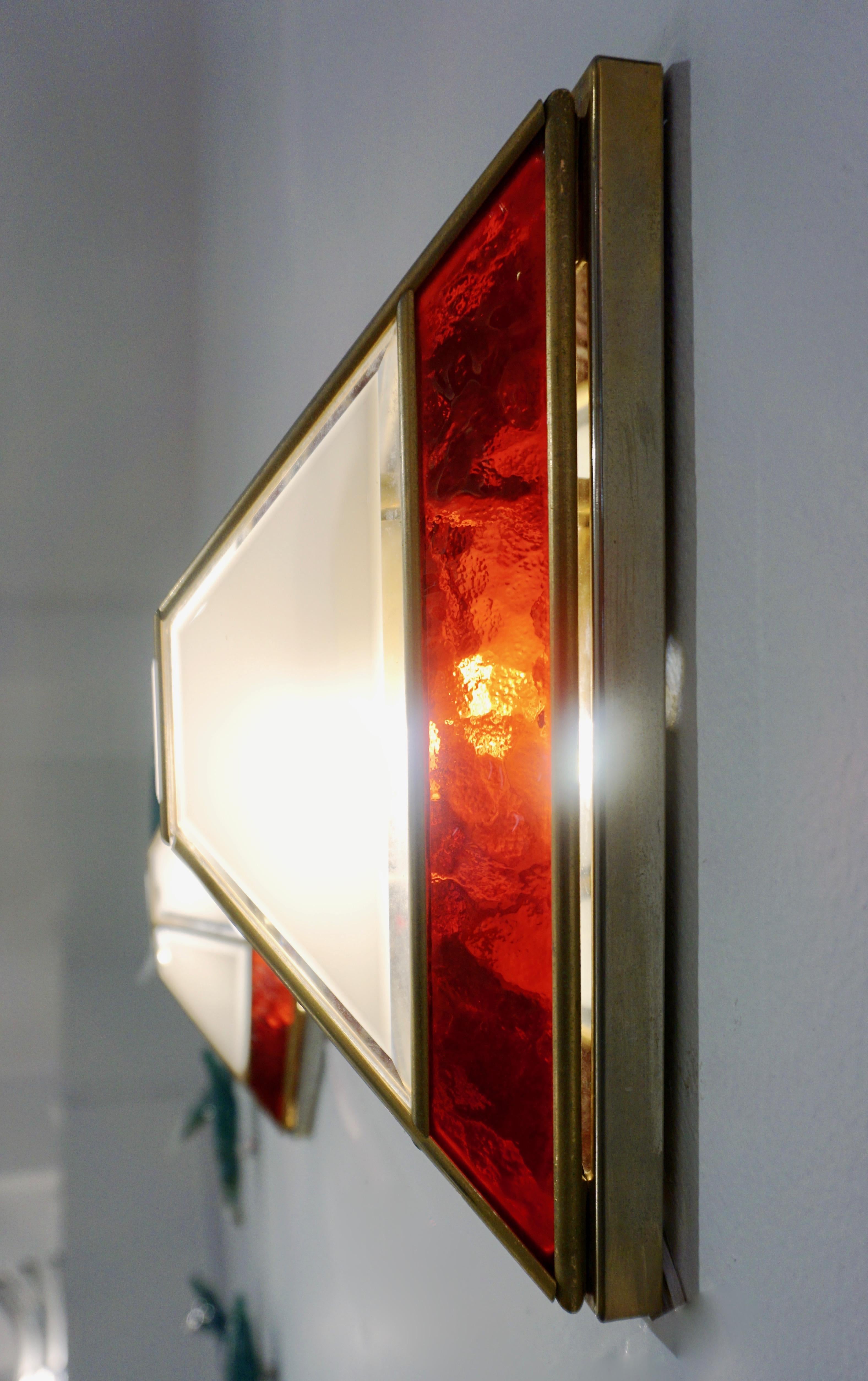 Hand-Crafted Italian 1950s Art Deco Style Pair of Red White Frosted Glass Sconces/Flushmounts
