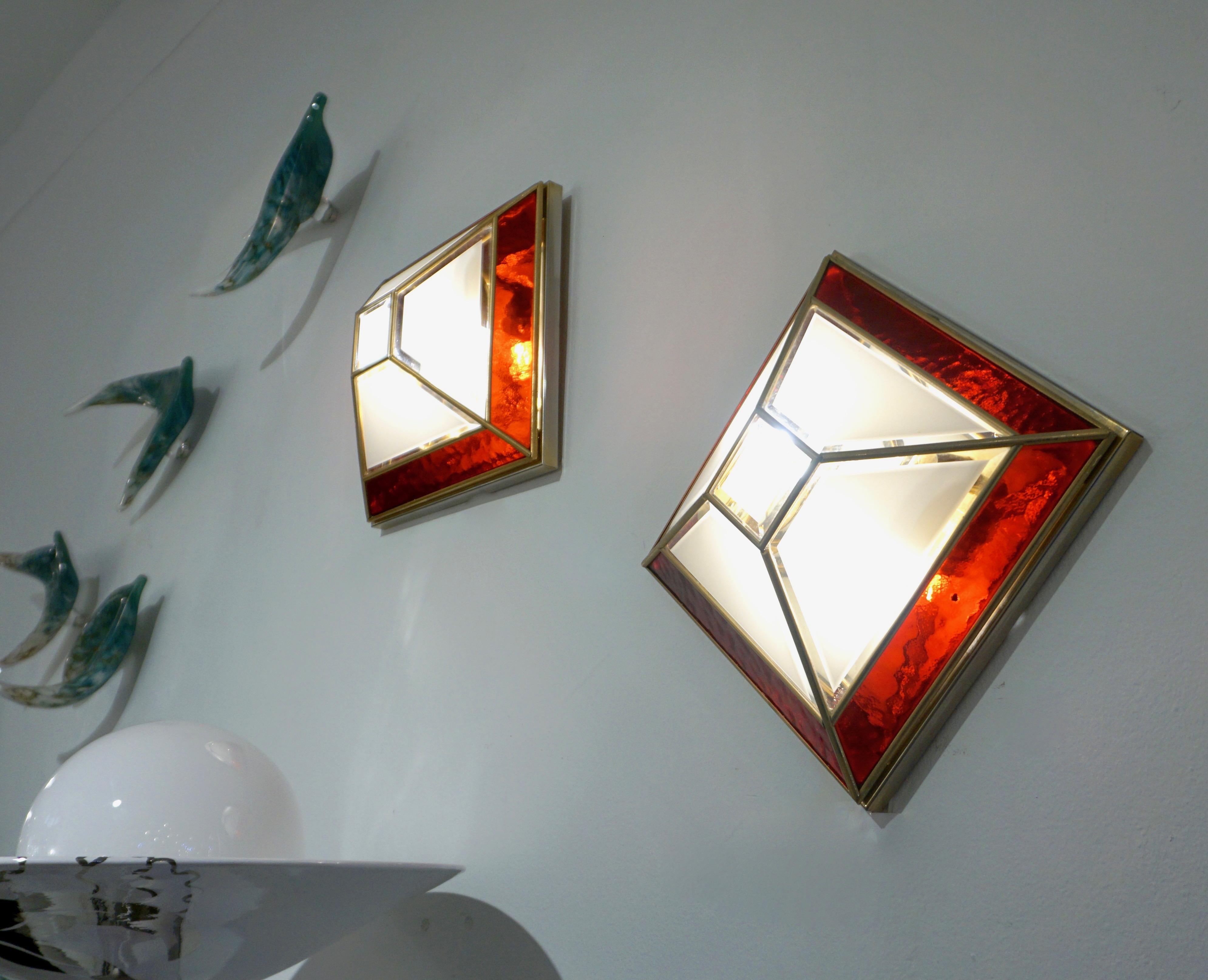 Brass Italian 1950s Art Deco Style Pair of Red White Frosted Glass Sconces/Flushmounts