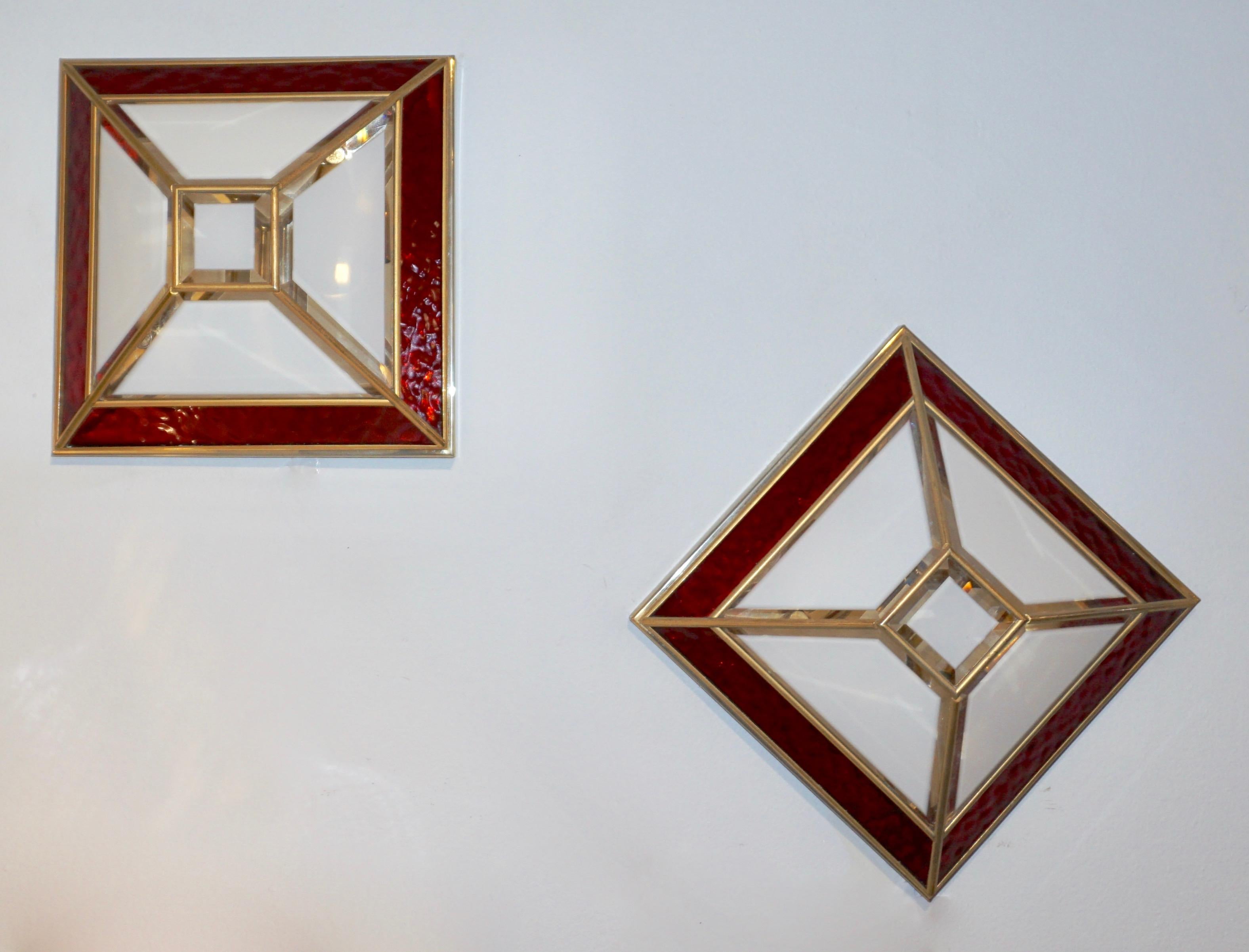 Italian 1950s Art Deco Style Pair of Red White Frosted Glass Sconces/Flushmounts 1