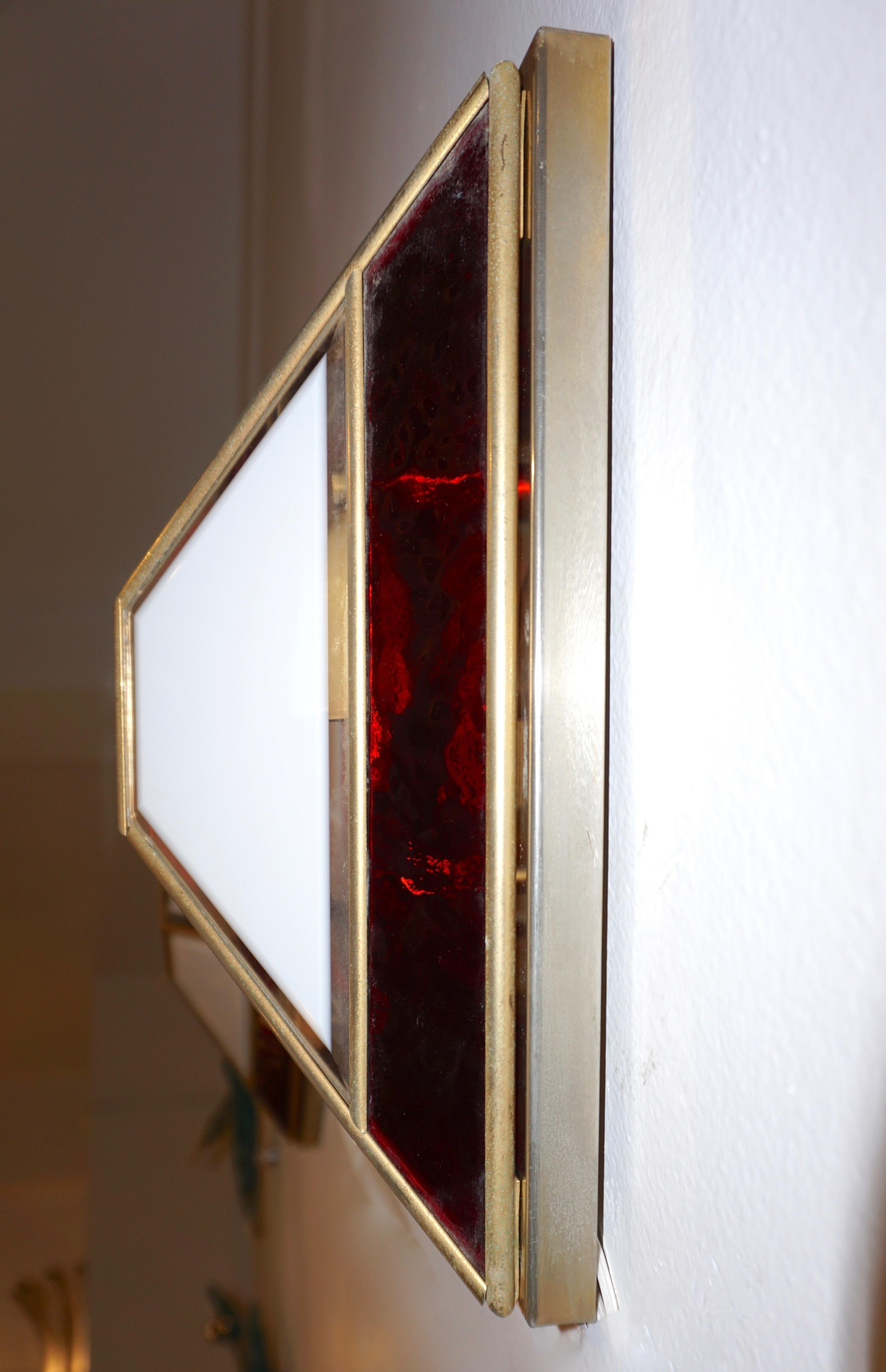 Italian 1950s Art Deco Style Pair of Red White Frosted Glass Sconces/Flushmounts 2