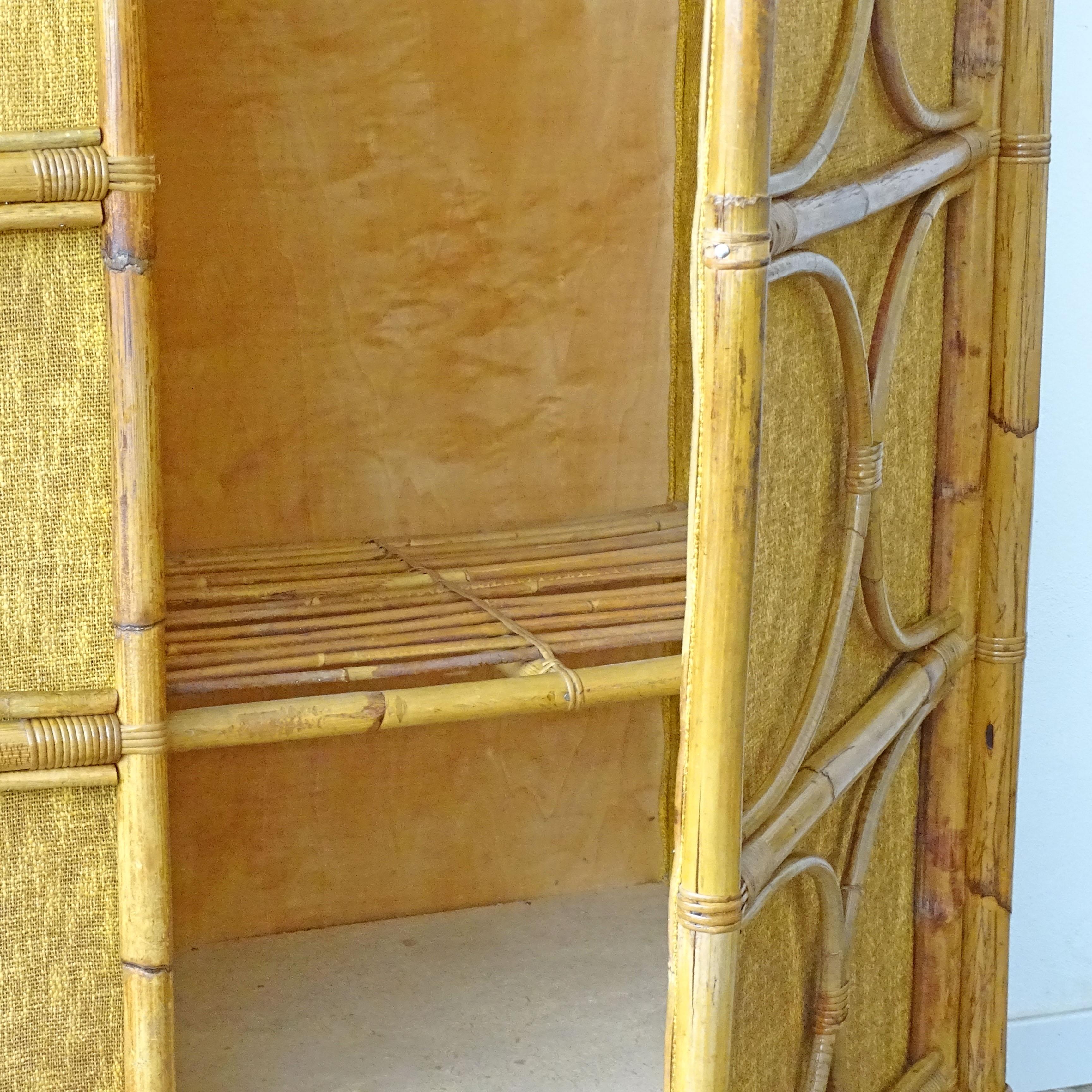 Italian 1950s Bamboo and Wicker Wardrobe with Its Original Mustard Fabric In Good Condition In Milan, IT