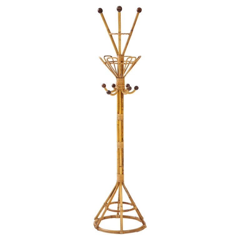 Italian 1950's Bamboo and Wood Hat / Coat Rack Stand at 1stDibs