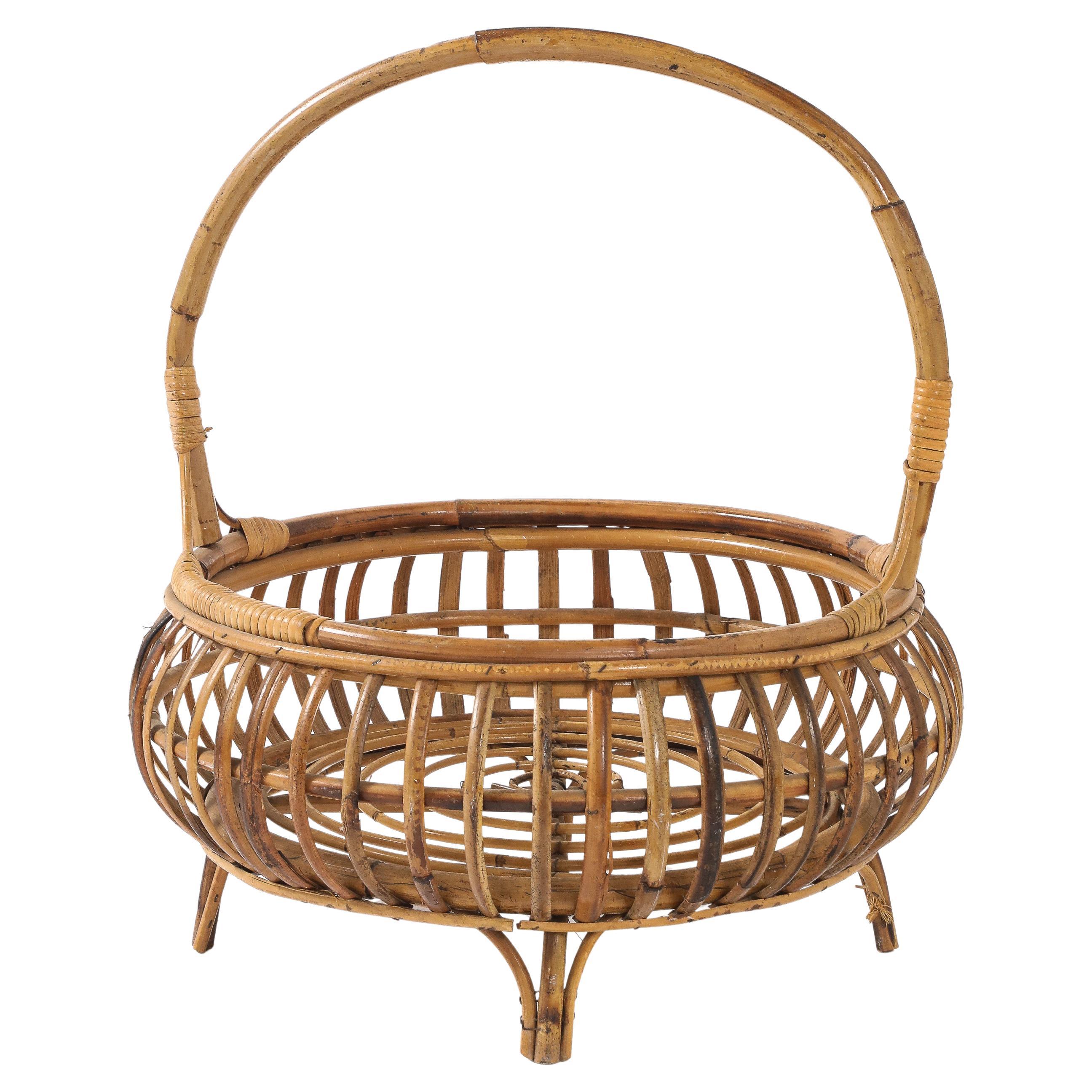 Cestino in bambù italiano degli anni '50 con manico
