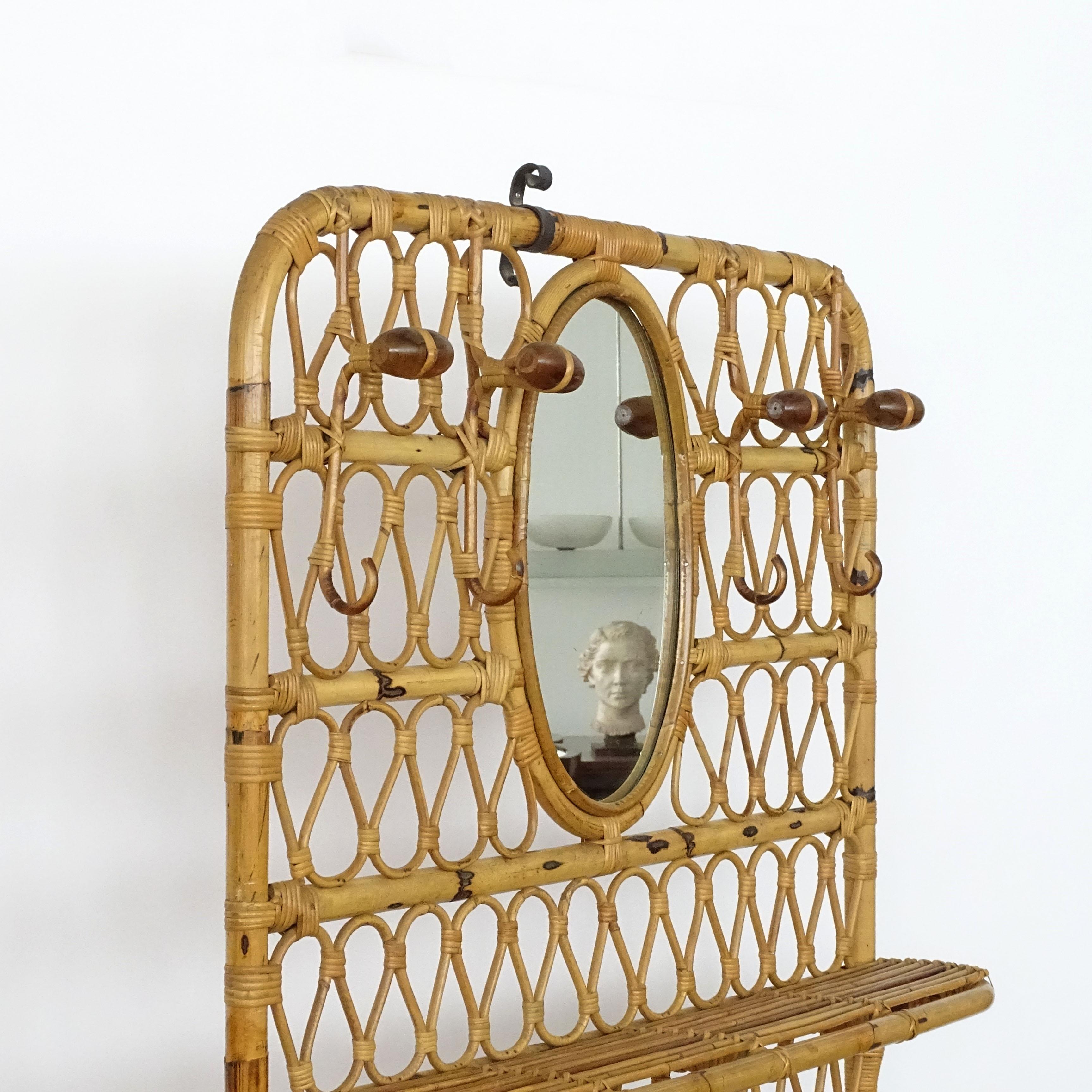 Italian 1950s Bamboo entrance hall coat rack with a mirror, shelves and trunk. For Sale 5