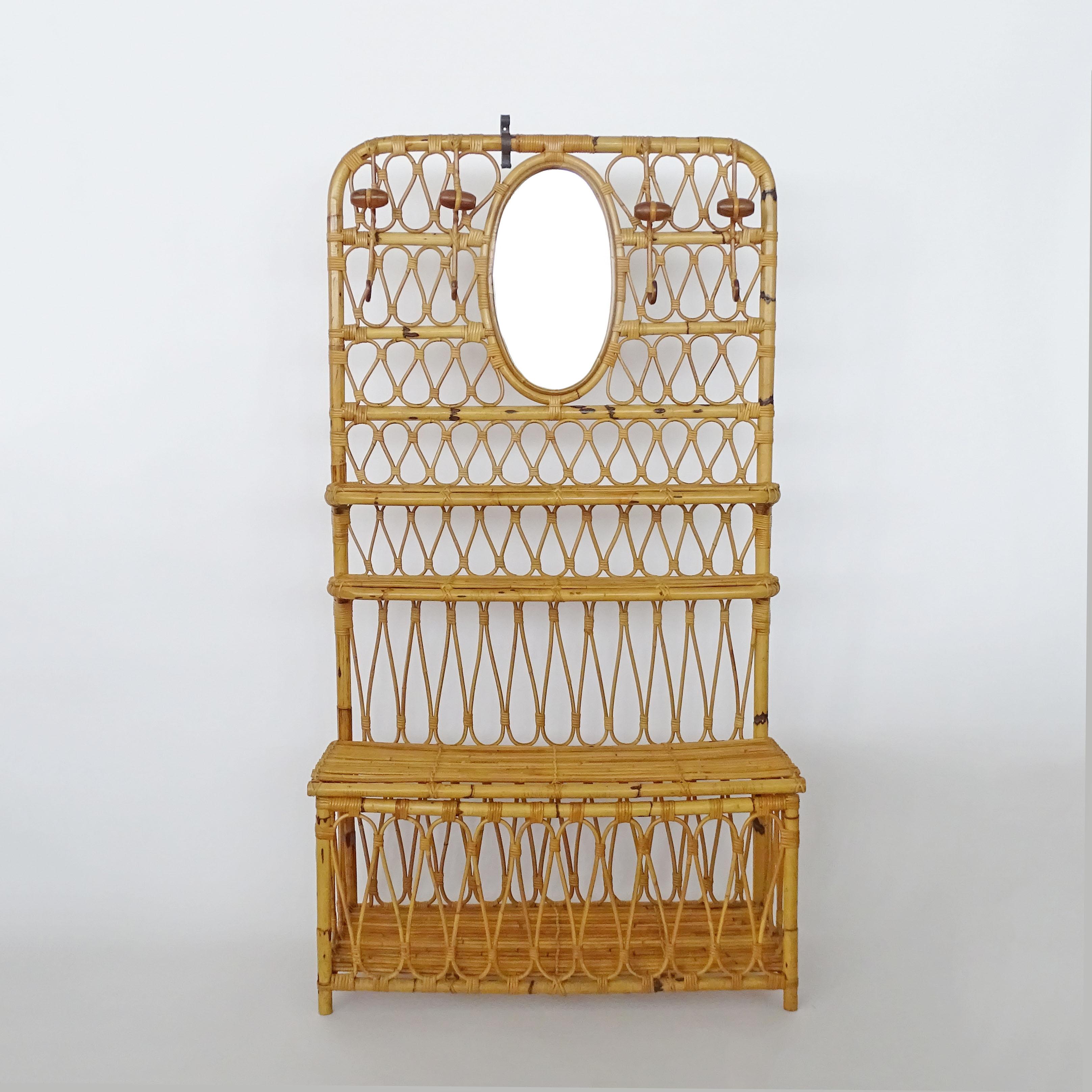 Italian 1950s Bamboo entrance hall coat rack with a mirror, shelves and trunk. For Sale 3