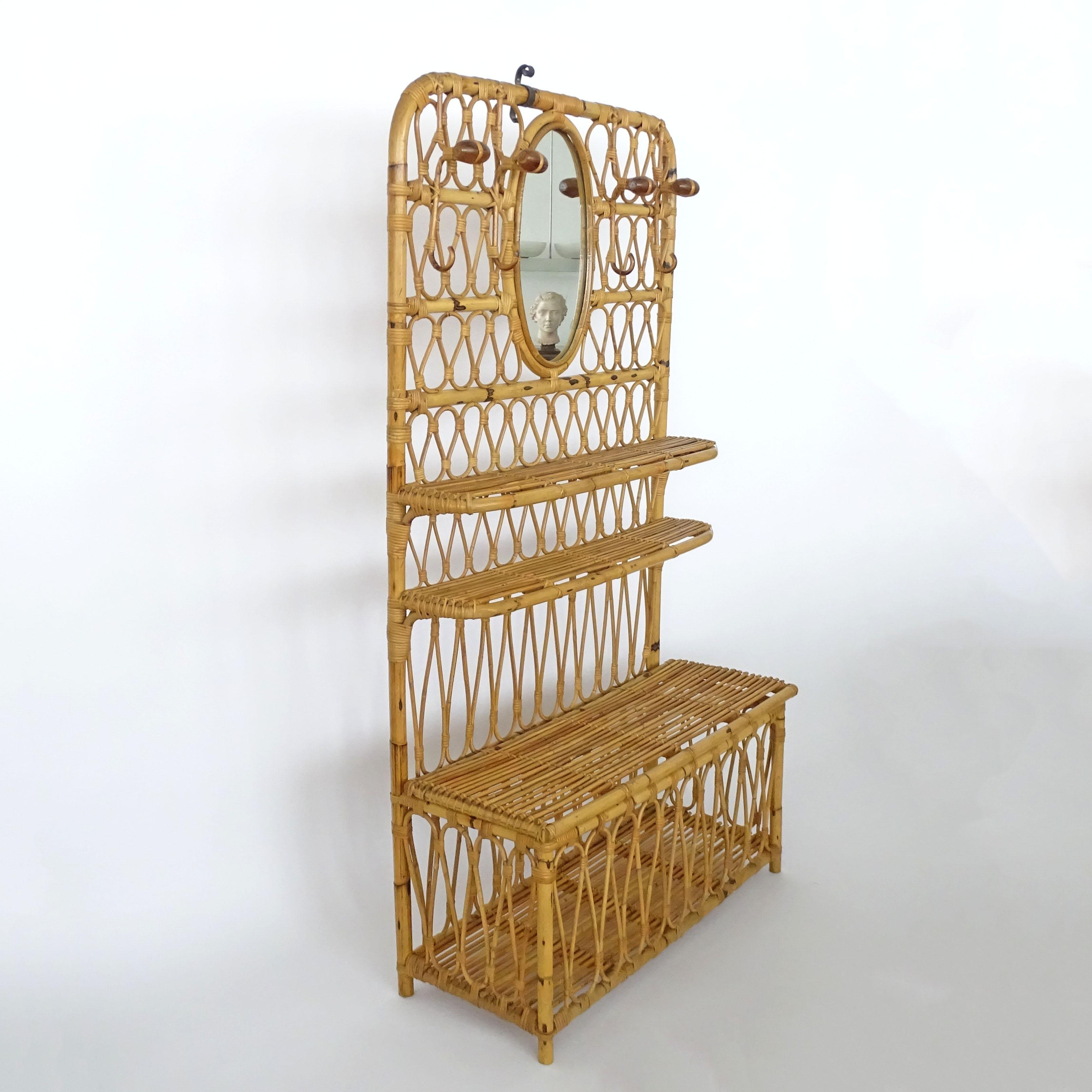 Italian 1950s Bamboo entrance hall coat rack with a mirror, shelves and trunk. For Sale 4