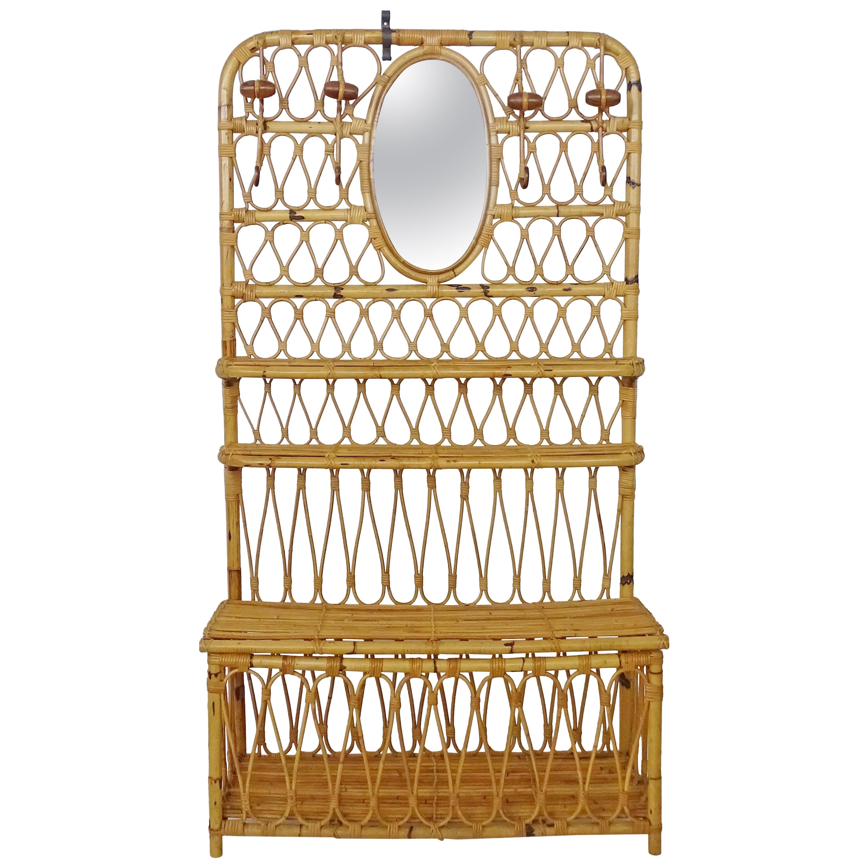 Italian 1950s Bamboo entrance hall coat rack with a mirror, shelves and trunk.