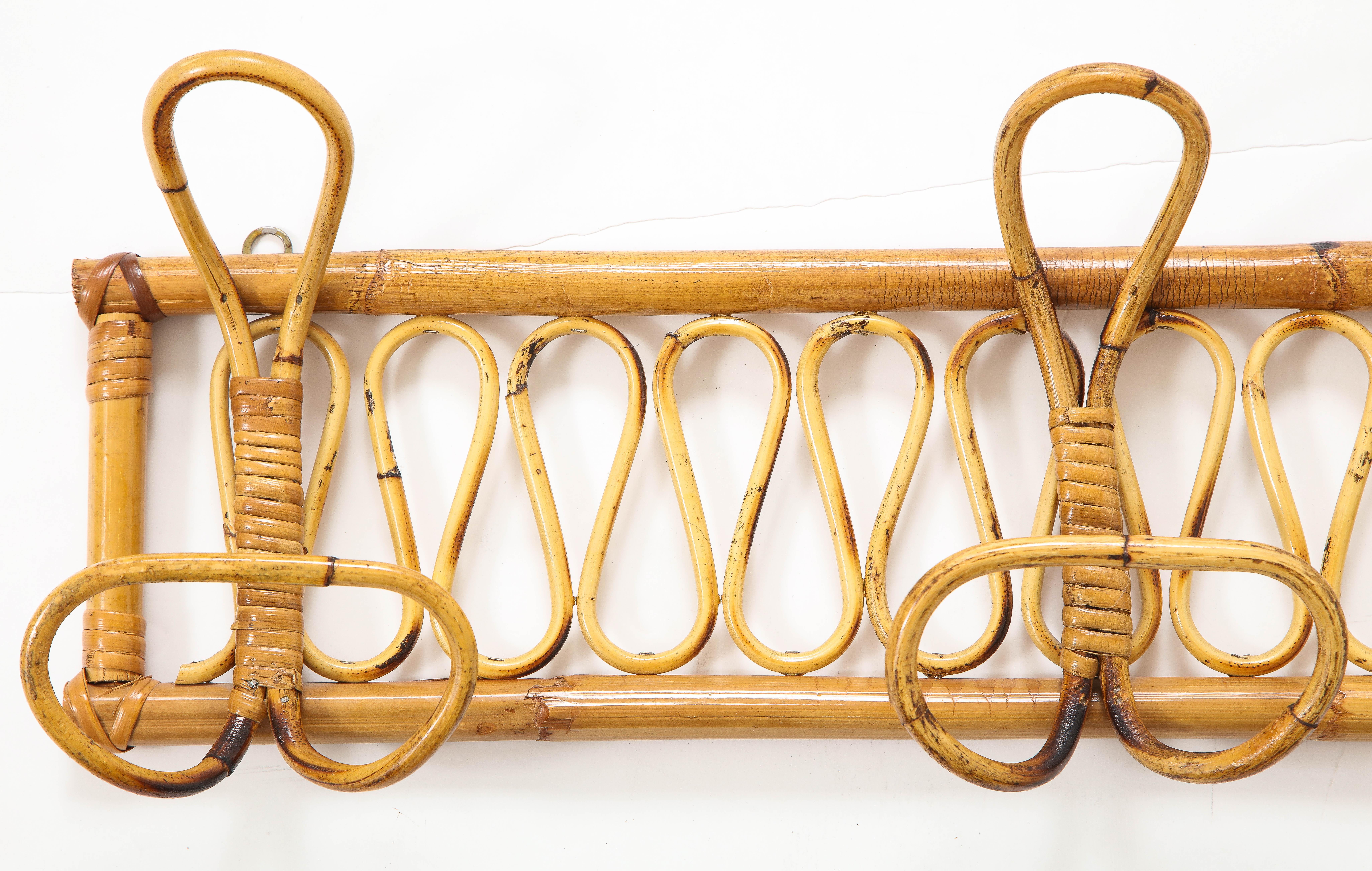 Italian 1950's Bamboo Wall Mounted Coat or Hat Rack  In Good Condition For Sale In New York, NY