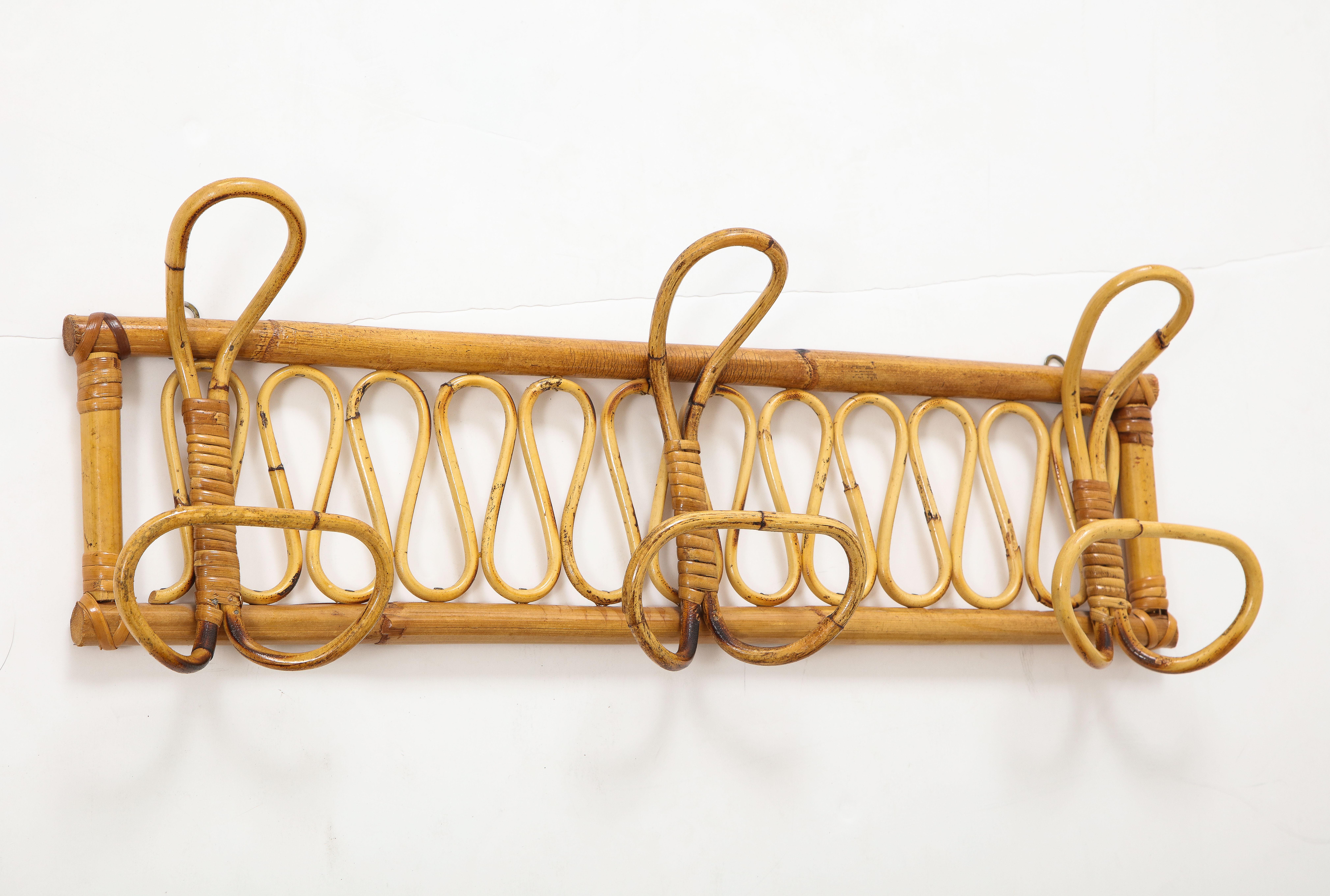 Italian 1950's Bamboo Wall Mounted Coat or Hat Rack  In Good Condition For Sale In New York, NY