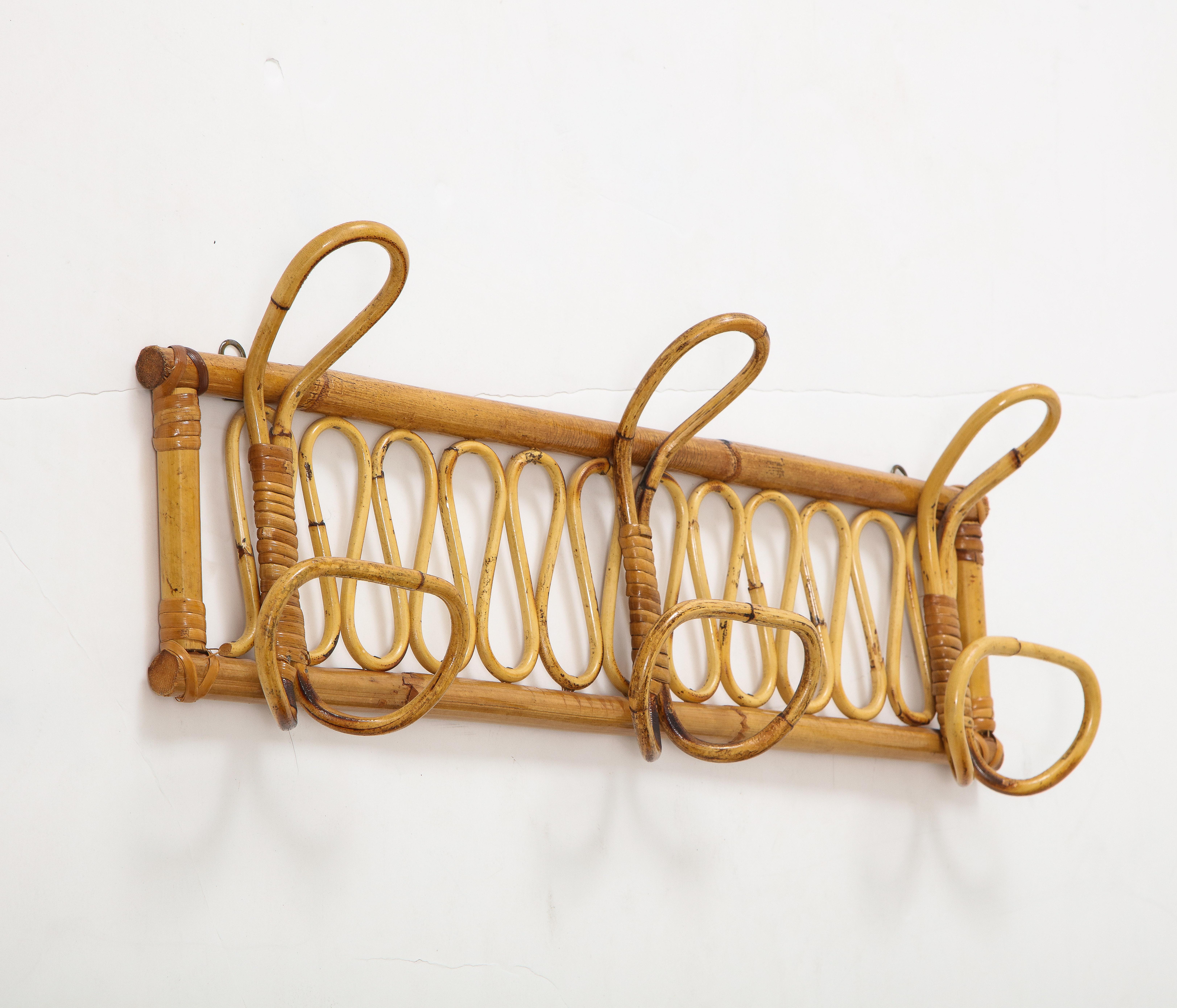 Italian 1950's Bamboo Wall Mounted Coat or Hat Rack  For Sale 1